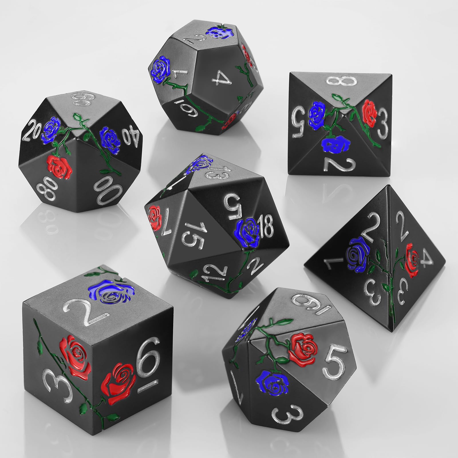 Premium DND Metal Dice Set - Hand-Painted Rose Polyhedral Dice for Dungeons & Dragons, MTG, RPG Tabletop Games | Gift Box Included (Black, Red, Blue Roses) - Perfect for Campaigns, Character Rolls & Game Nights