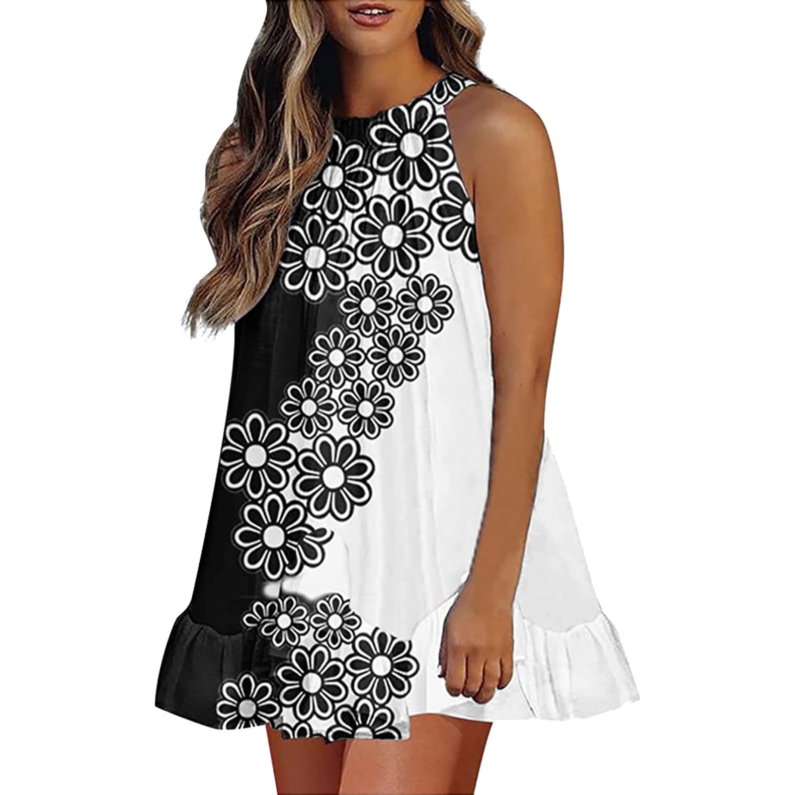 Elegant Floral Print Halter Neck Sleeveless Ruffled Tank Dress with Side Slit - Women's Summer Casual Sundress for Beach, Party & Vacation