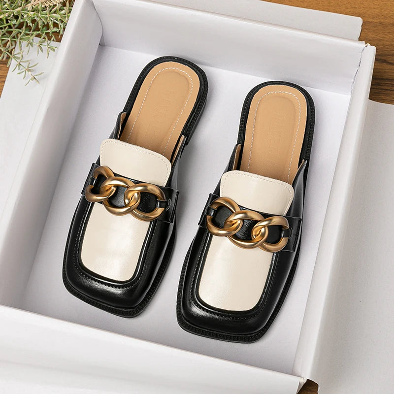2023 British Style Women's Flat Slippers with Metal Chain Design - Comfortable Casual Mules for Party & Work Wear (Sizes 41-43) | Perfect for Office, Home & Evening Events