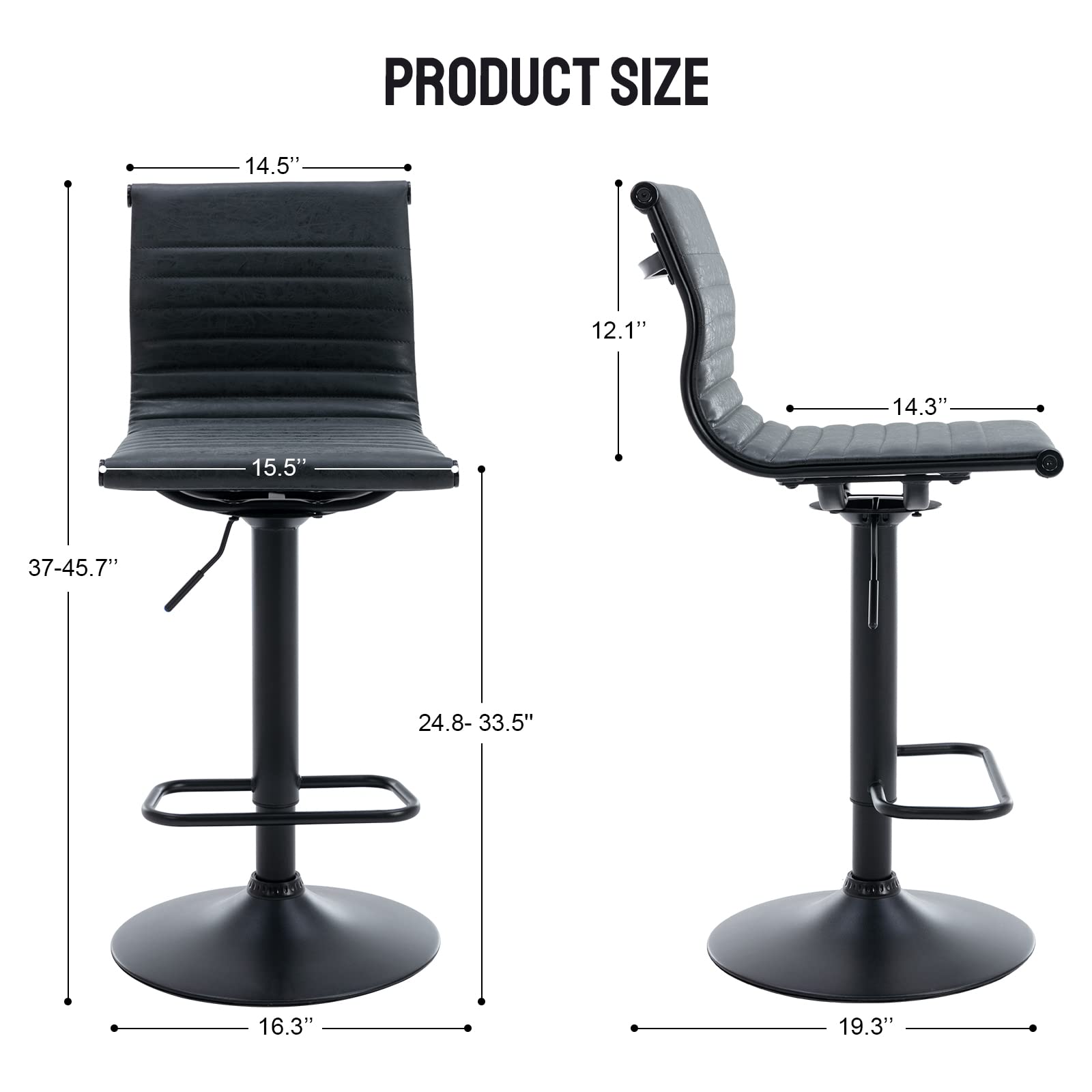 Modern Black PU Leather Metal Bar Stools Set of 3 - Height Adjustable Armless Counter Stools with Black Base for Kitchen Island, Bar & Dining Room - Perfect for Home, Restaurant or Cafe Use (3PCS)