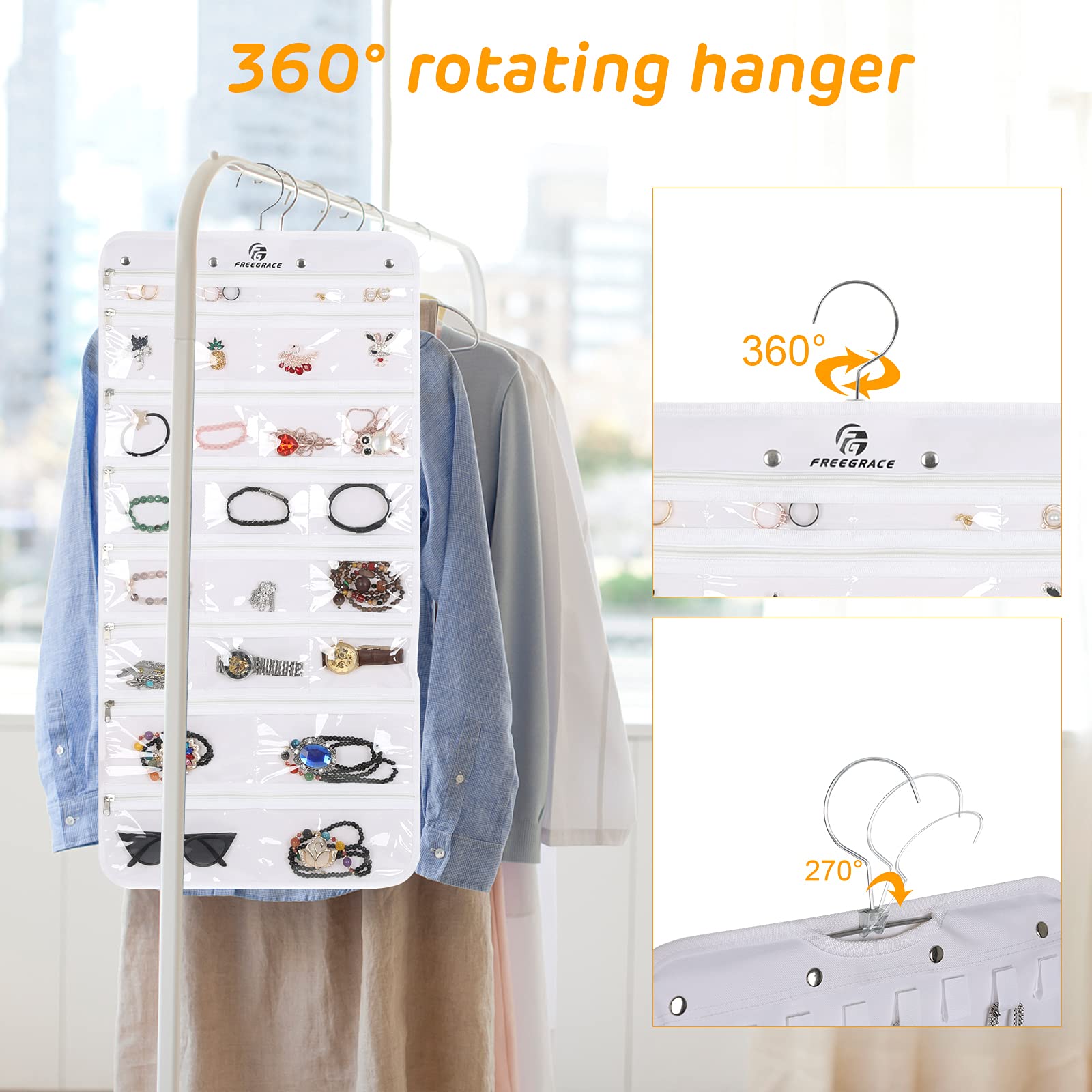 Rotating Jewelry Organizer with 50 Pockets & Secure Zipper - Foldable Hanging Storage for Necklaces, Earrings & Bracelets - Perfect for Bedroom, Closet & Travel (White)
