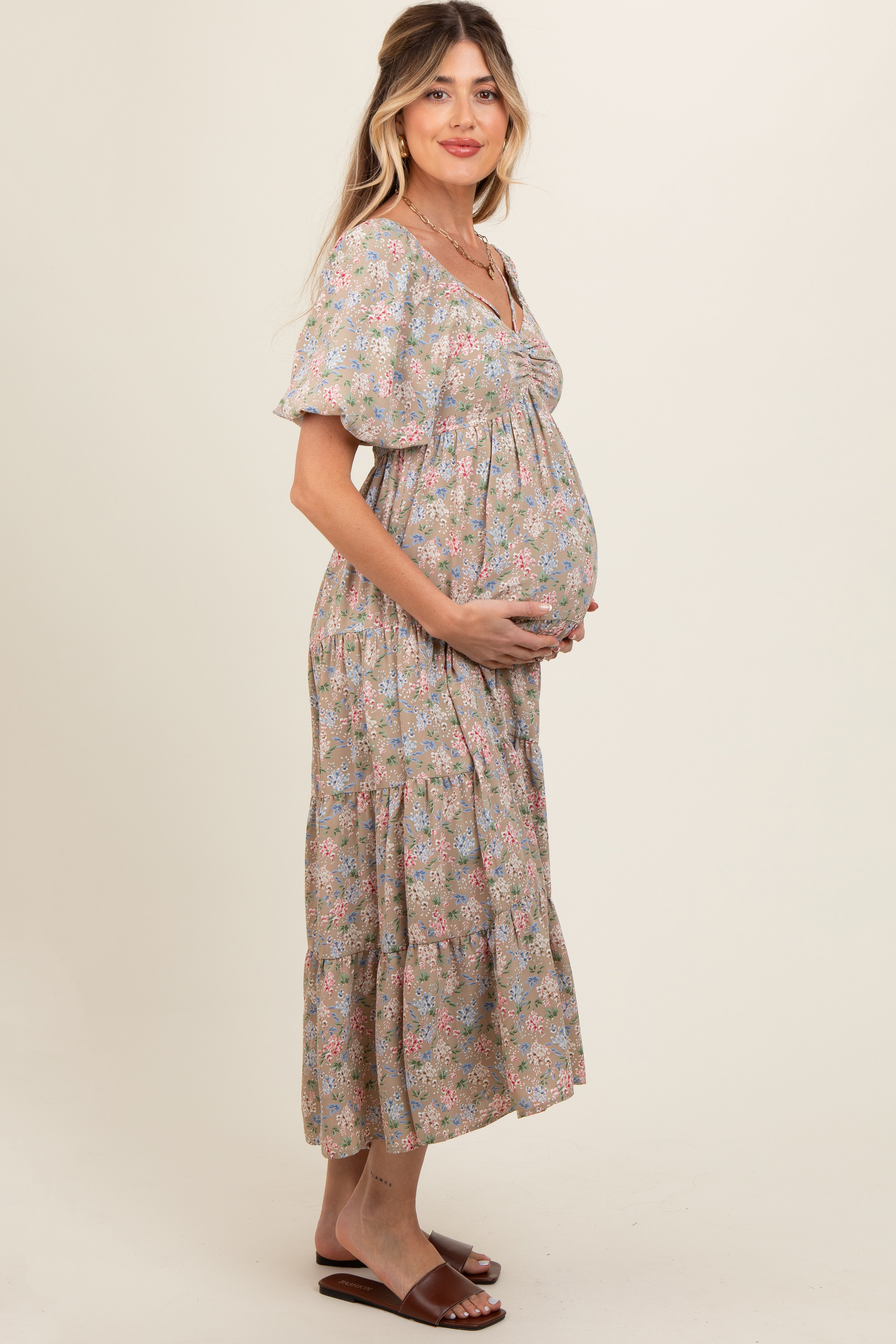 Beige Floral Ruched Strappy V-Neck Maternity Dress with Puff Short Sleeves - Perfect for Baby Showers, Maternity Photos & Summer Pregnancy Outfits