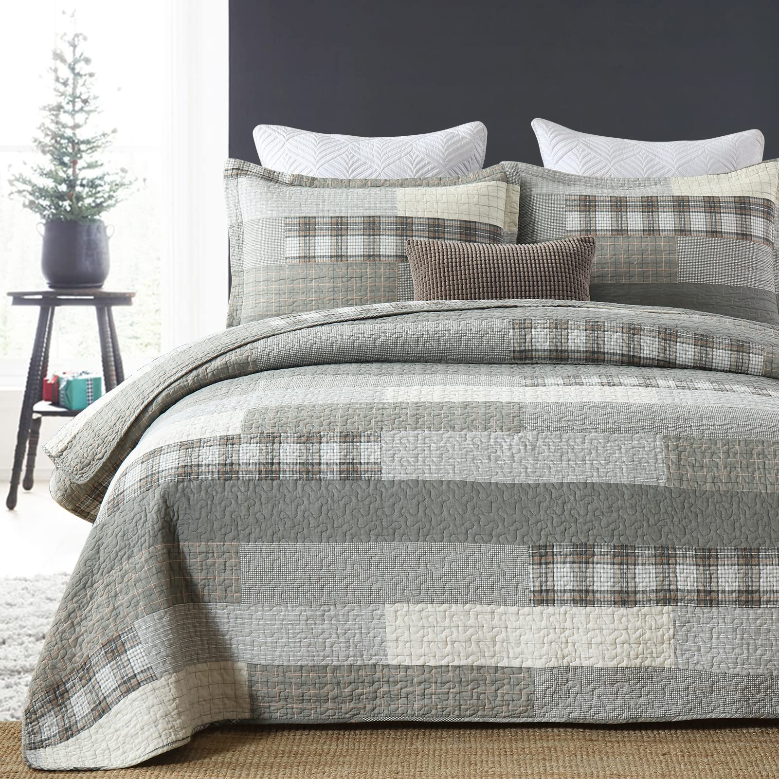 Y-PLWOMEN 100% Cotton Queen Size Quilt Set - Lightweight Reversible Farmhouse Plaid Bedspread (3-Piece) | Grey All-Season Quilted Bedding for Cozy Home Decor | Perfect for Master Bedroom, Guest Room & Farmhouse Style