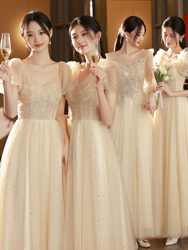 Elegant Champagne A-Line Long Prom Dress - Shiny Formal Party Gown & Bridesmaid Dress for Weddings, Homecoming, Quinceañera & Special Occasions