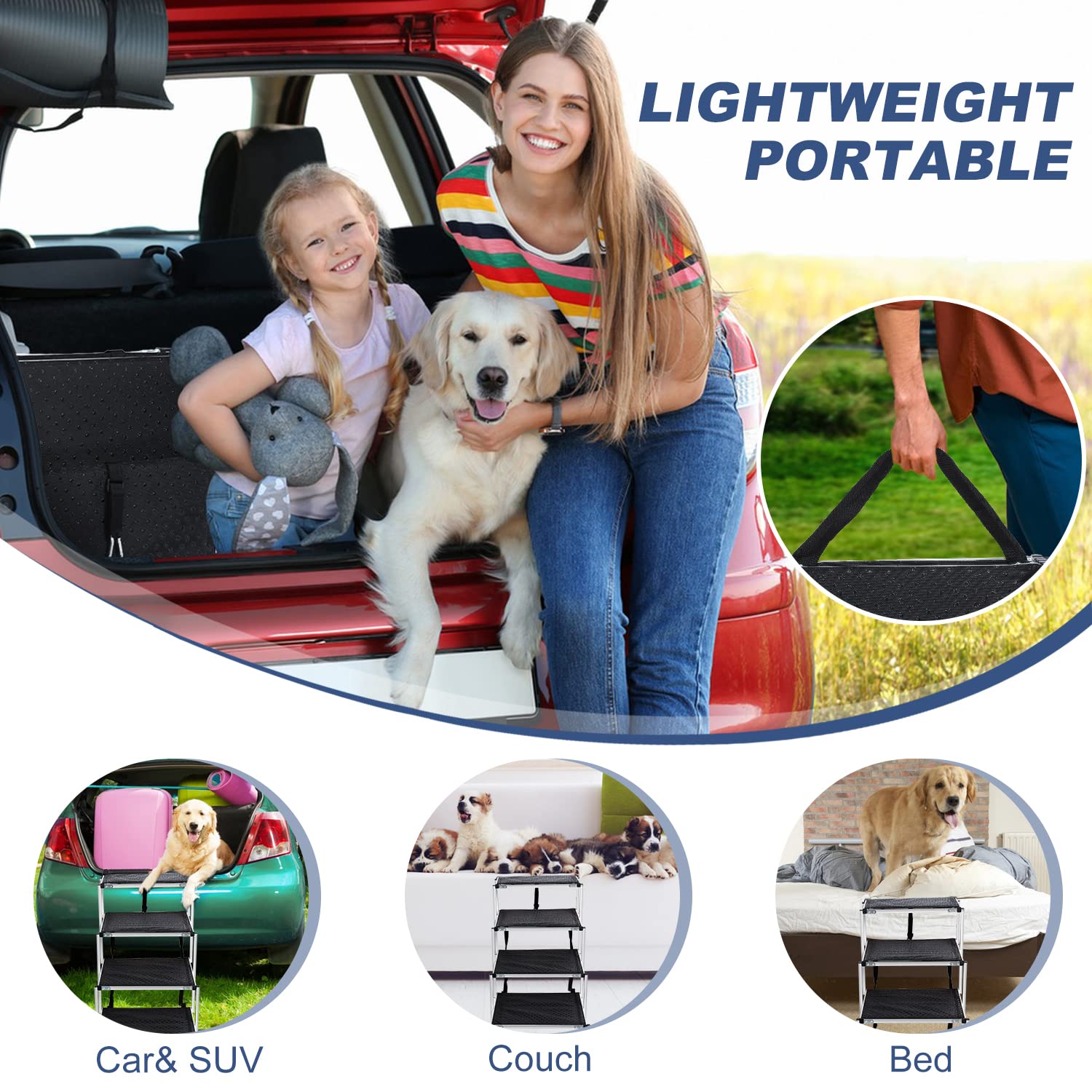 Extra Wide Foldable Dog Stairs for Large Dogs - 4 Step Aluminum Pet Ramp with Non-Slip Surface, Supports Up to 200 lbs - Perfect for High Beds, Trucks, Cars & SUVs | Indoor/Outdoor Use for Elderly & Disabled Pets