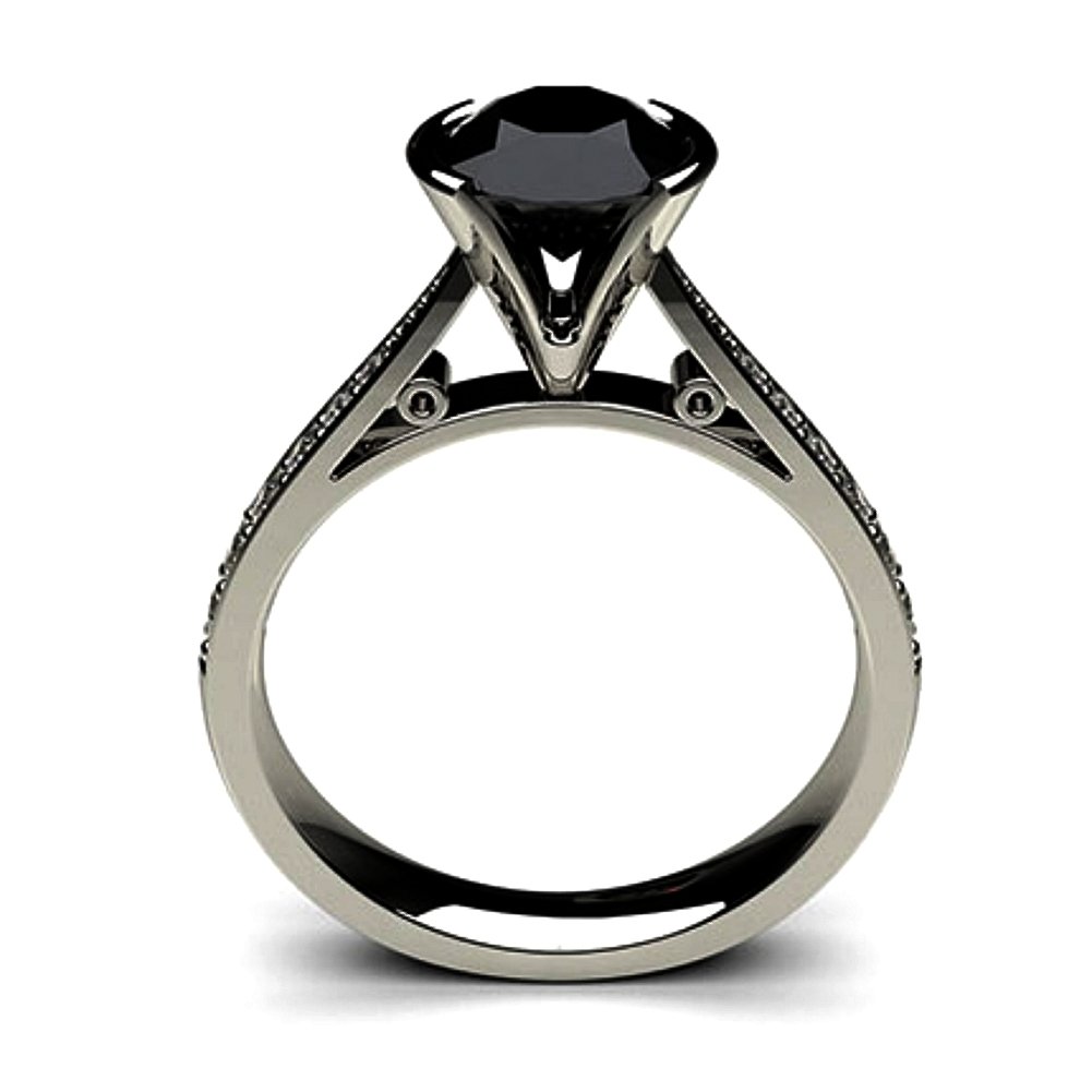 JewelsForum Black Diamond Ring 1/2 to 2 Carat Bezel Set with Side Stones - Elegant Black Diamond Engagement Ring for Women, Perfect for Proposals, Anniversaries & Special Occasions