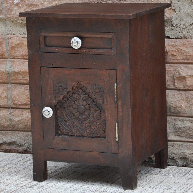 Hand Carved Solid Wood French Style Nightstand - Rustic Brown Bedside Table for Bedroom Decor | Perfect for Master Bedroom, Guest Room & Apartment