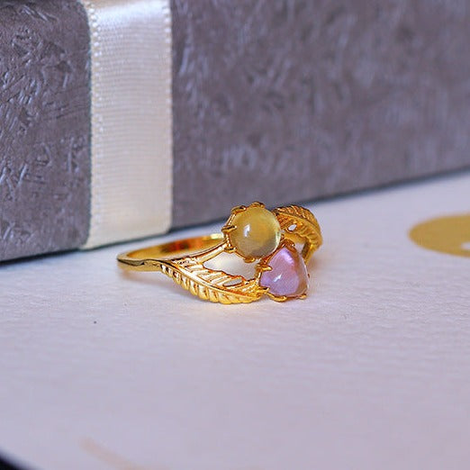 Amethyst and Citrine Leaf Vine Two Stone Ring for Women - Elegant Bohemian Jewelry - Perfect for Weddings, Parties & Everyday Wear