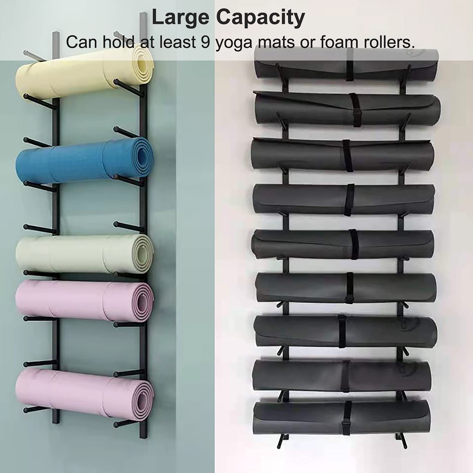 9-Tier Large Capacity Wall Mount Yoga Mat Holder with Hooks - Foam Roller Storage Rack for Yoga Studio (Black) - Perfect for Home Gym, Fitness Room & Yoga Practice Organization