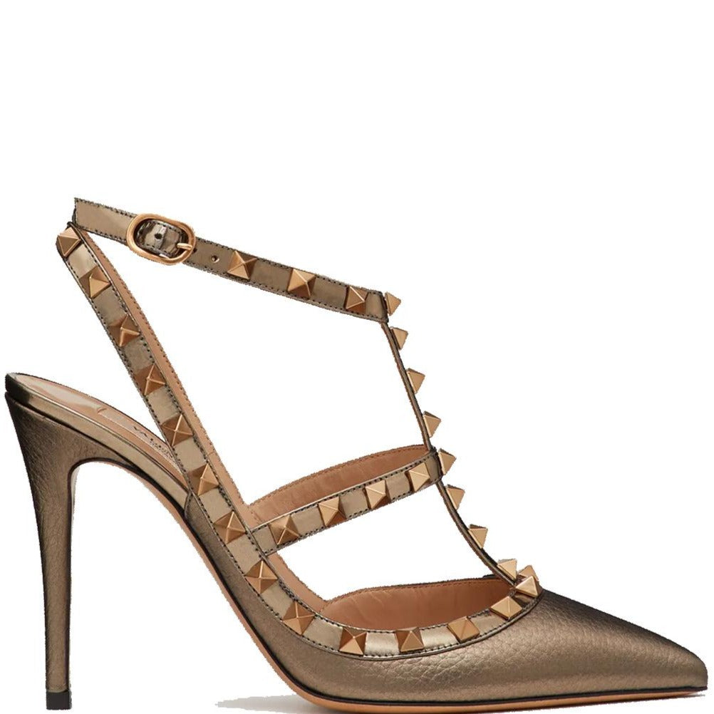 Valentino Rockstud Slingback Heels - Metallic Leather Pointed Toe Pumps with Studded Straps | Women's Luxury Dress Shoes for Party, Wedding & Evening Events