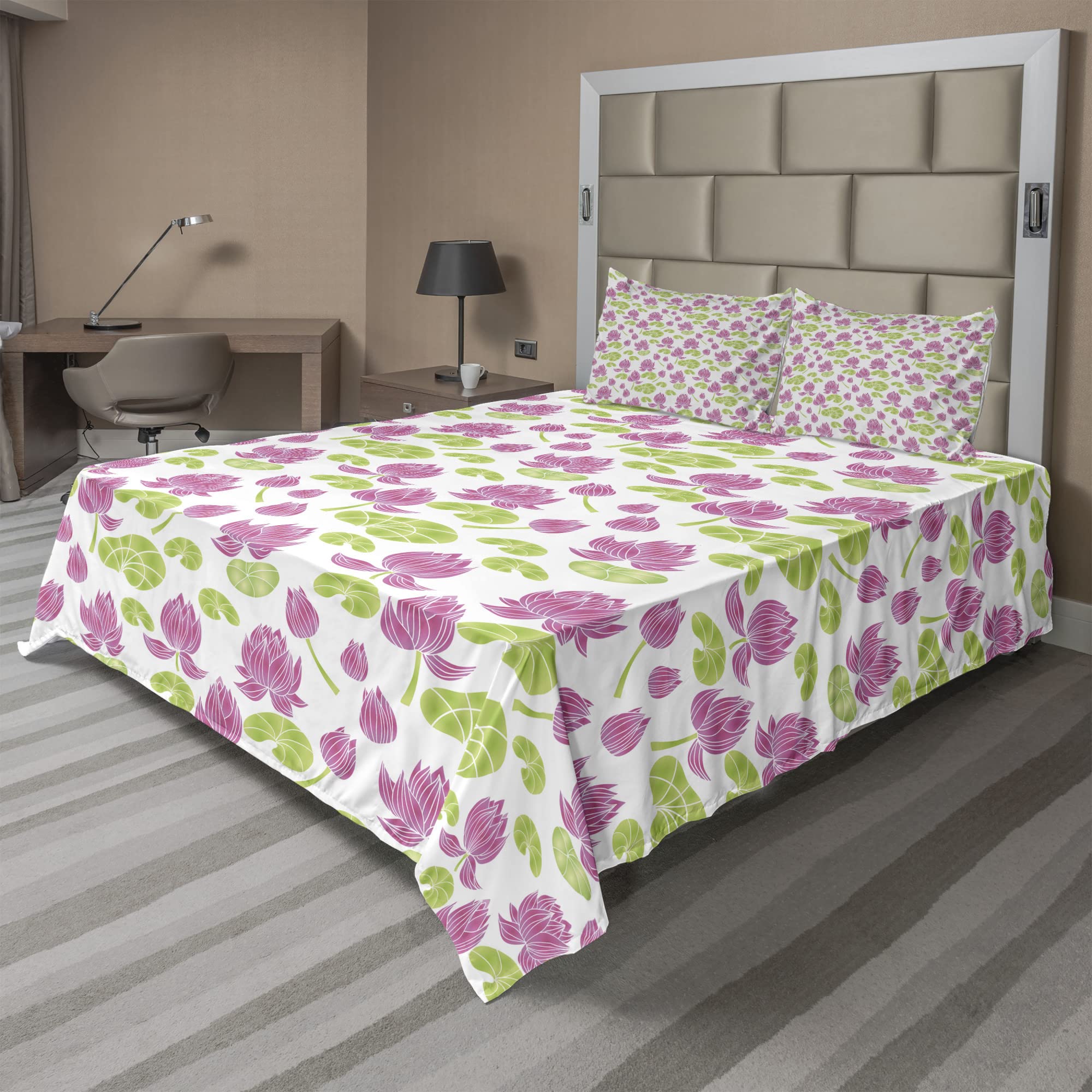 Ambesonne Floral Sheet Set - Queen Size 4-Piece Bedding with Tropical Lotus Flower Design in White, Pink & Shamrock Green | Fitted Sheet, Flat Sheet & Pillowcases | Perfect for Guest Rooms, Beach Houses & Bohemian Bedroom Decor