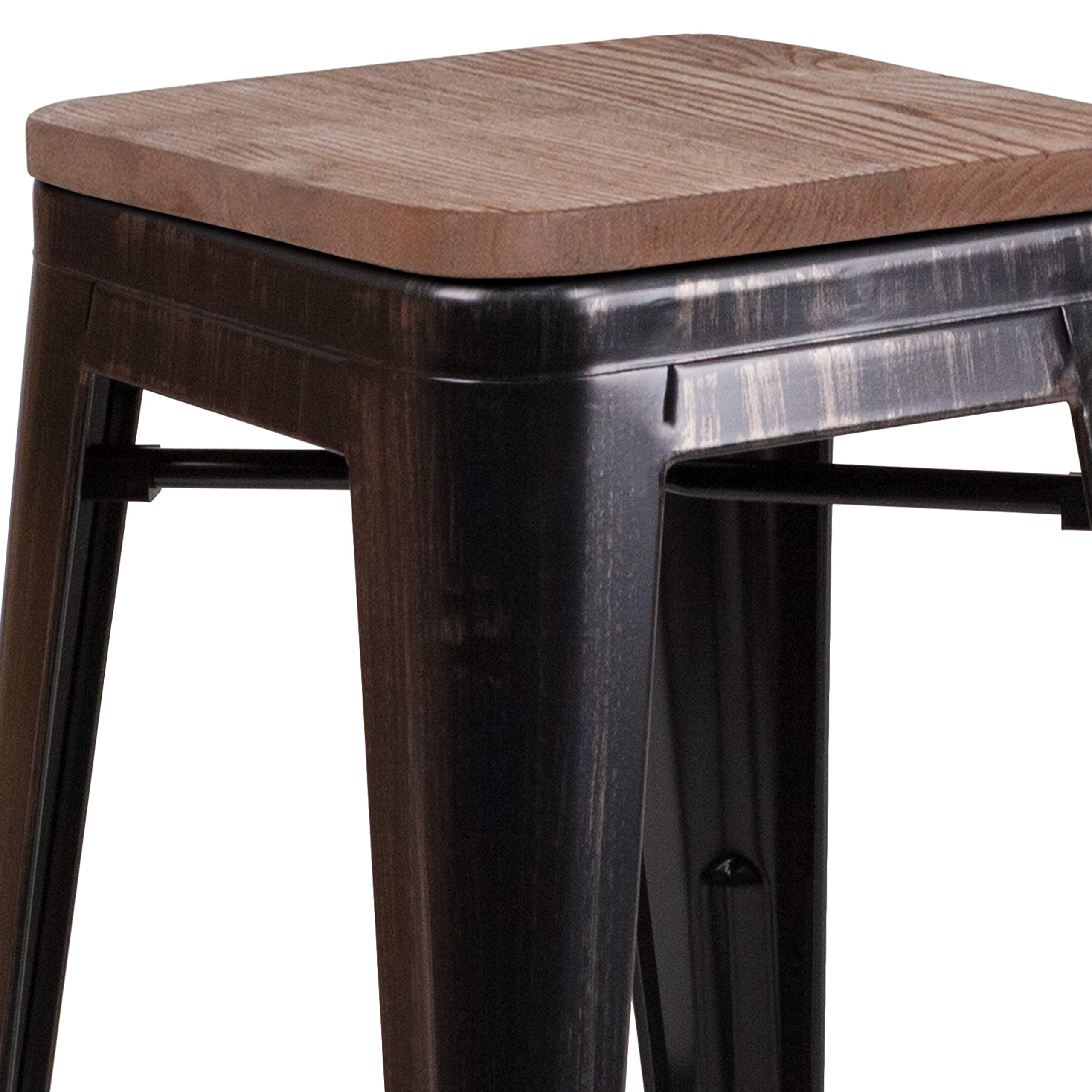 EMMA + OLIVER 30 Inch H Backless Bar Stool - Black & Antique Gold Metal Frame with Wooden Seat - Perfect for Kitchen Islands, Breakfast Bars & Home Decor