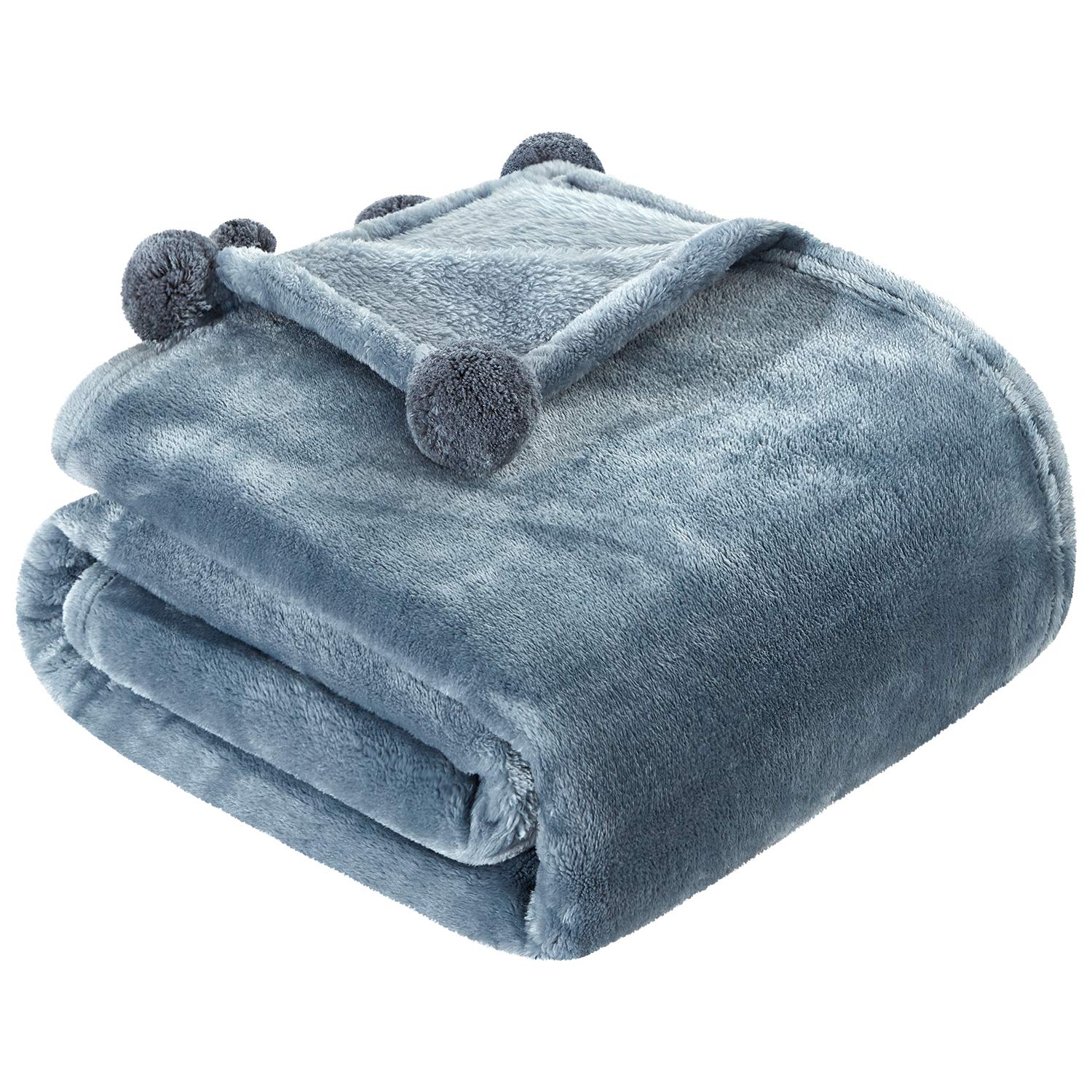 HomeIdeas Flannel Fleece Blanket Throw with Pompom Fringe - Ultra Soft Lightweight Blanket for All Seasons - Cozy Couch, Bed, Camping & Travel Use - 50x60 Inches Stone Blue