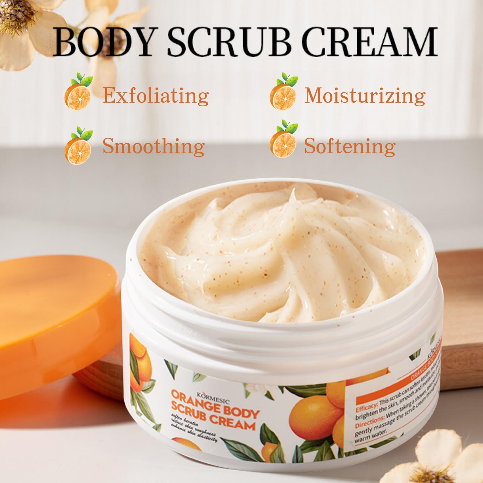 Orange Exfoliating Body Scrub for Women - Moisturizing & Smoothing Skin Care - Face, Hand, Foot, Neck & Knee Exfoliator - Perfect for Shower, Spa & Daily Skincare Routine