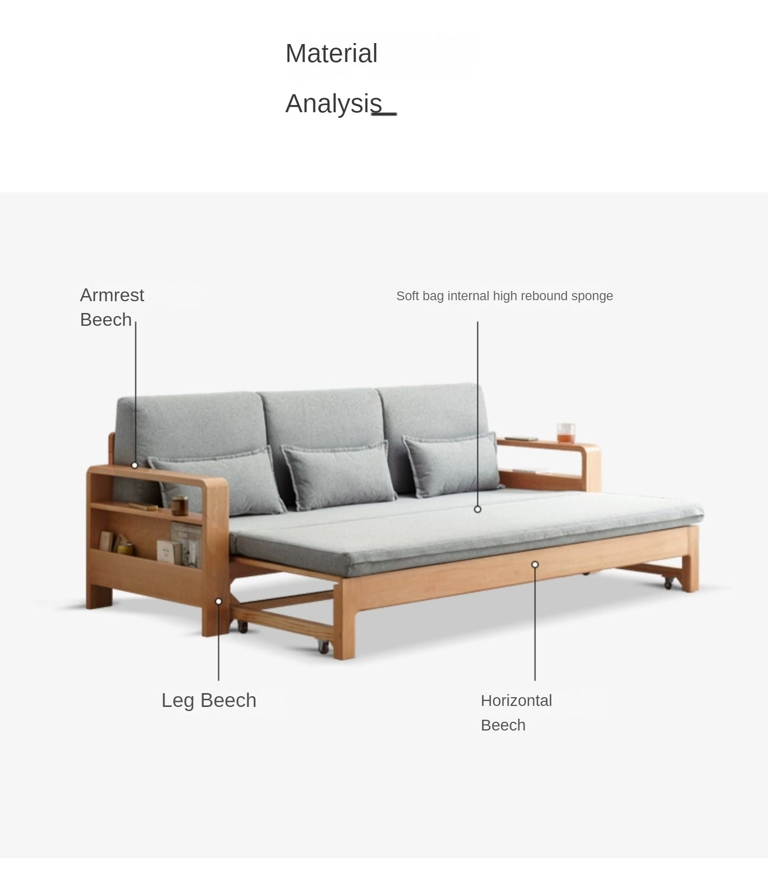Solid Oak & Beech Wood Sleeper Sofa - Convertible Couch Bed for Living Room, Guest Room & Small Spaces - Durable & Stylish Furniture for Home & Office