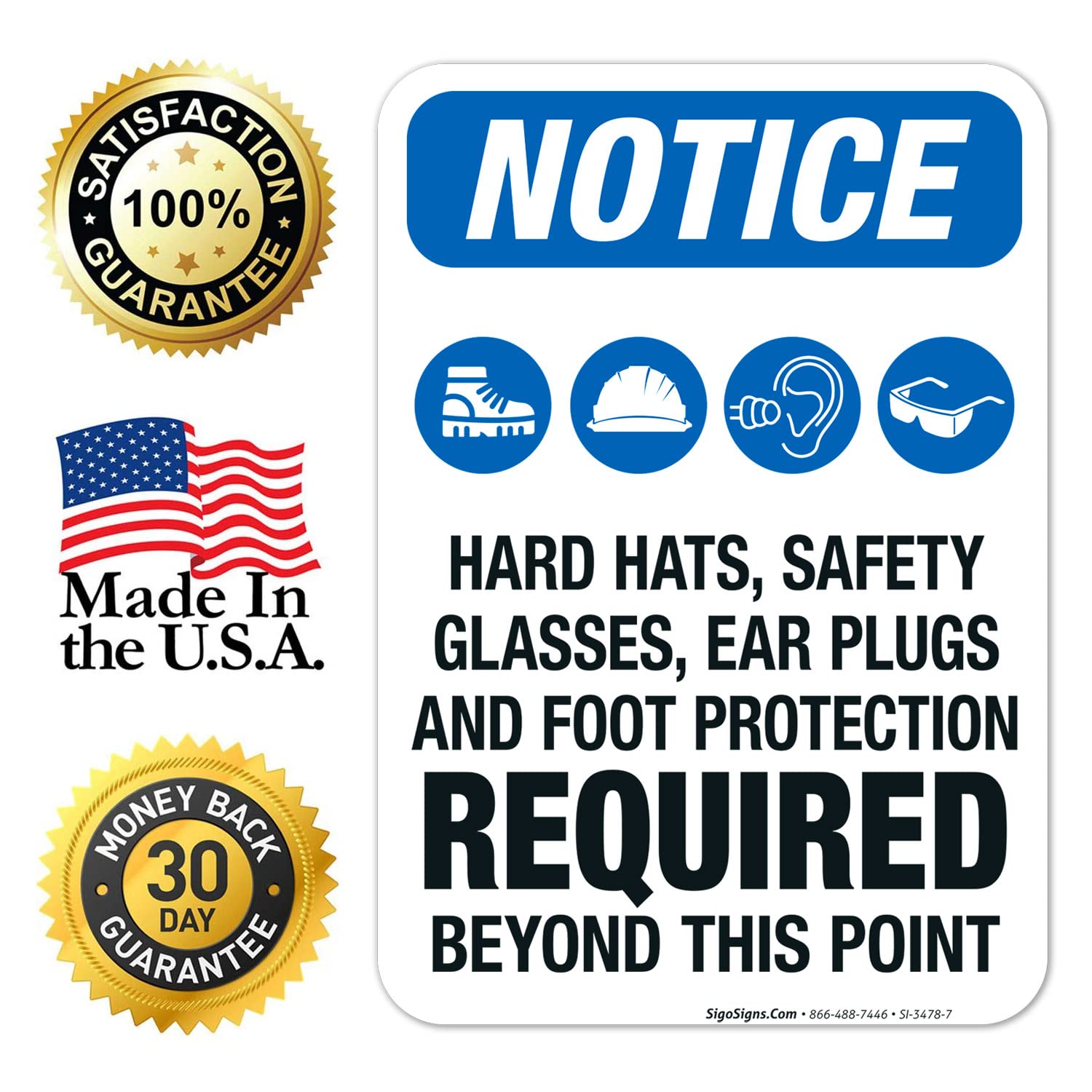 OSHA Safety Sign - 'Hearing Protection, Safety Glasses & Foot Protection Required' - 10x7 Inches, 4 Mil Vinyl Decal - Weatherproof, UV Resistant, Long Lasting - Made in USA - Perfect for Construction Sites, Factories & Industrial Workplaces