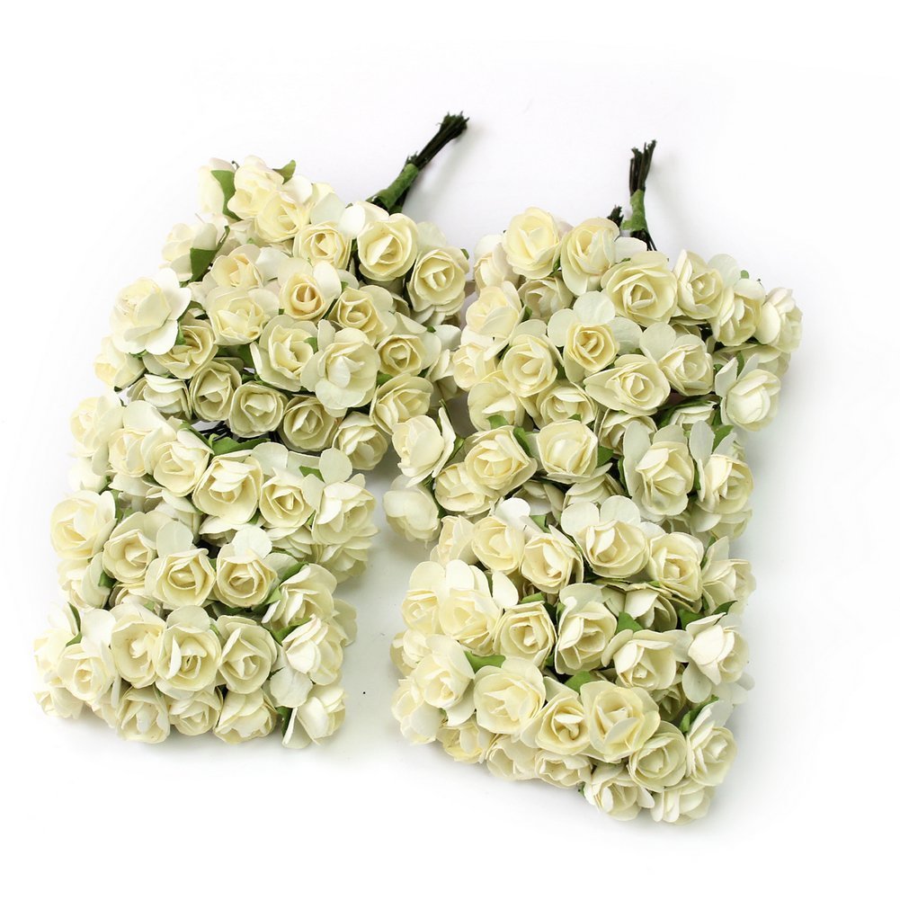 144 Mini Artificial Paper Rose Flowers - Ivory Wedding Card Decorations, DIY Craft Supplies for Bouquets, Centerpieces, Scrapbooking & Party Decor