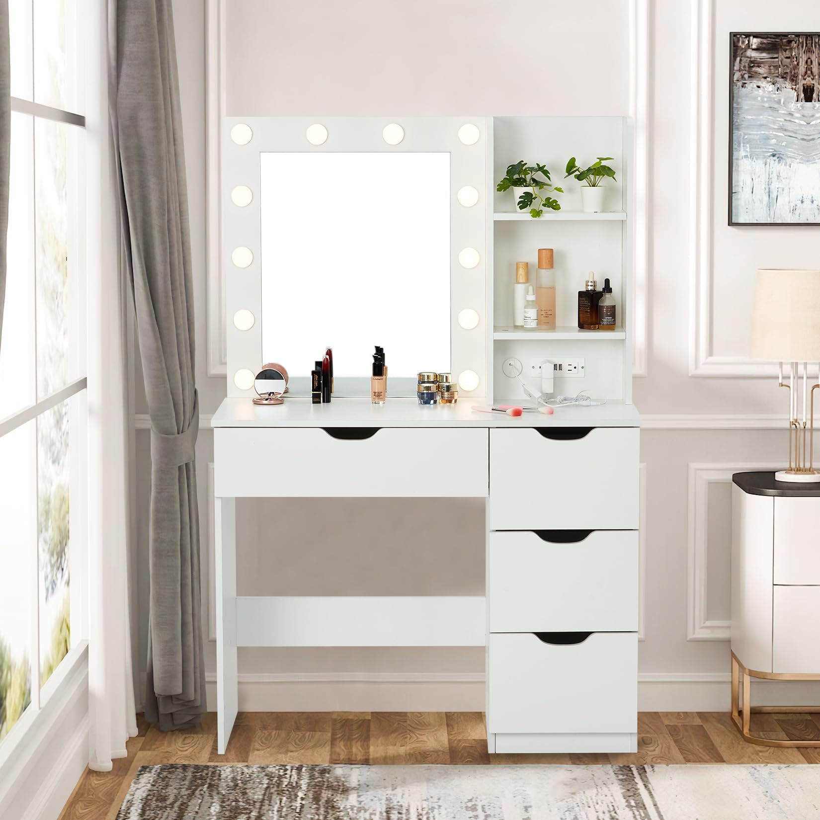 Modern Vanity Makeup Desk with LED Lights & Power Outlet - White Dressing Table with 4 Drawers, Crystal Knobs & Large Mirror - Perfect for Bedroom, Beauty Salon & Home Decor