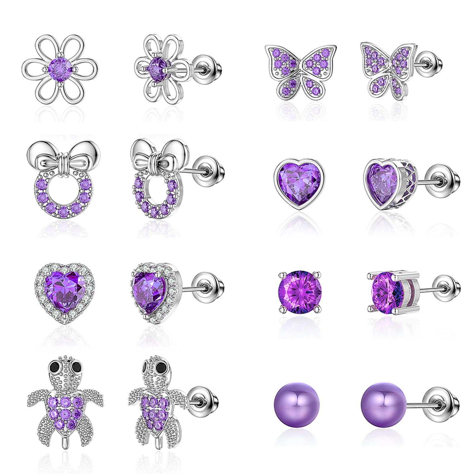 TOPBRIGHT 8 Pairs Hypoallergenic 925 Sterling Silver Stud Earrings - Heart & CZ Tiny Butterfly Earrings for Kids, Toddlers, Little Girls, Teens & Women | Perfect for Gifts, Birthdays & Everyday Wear