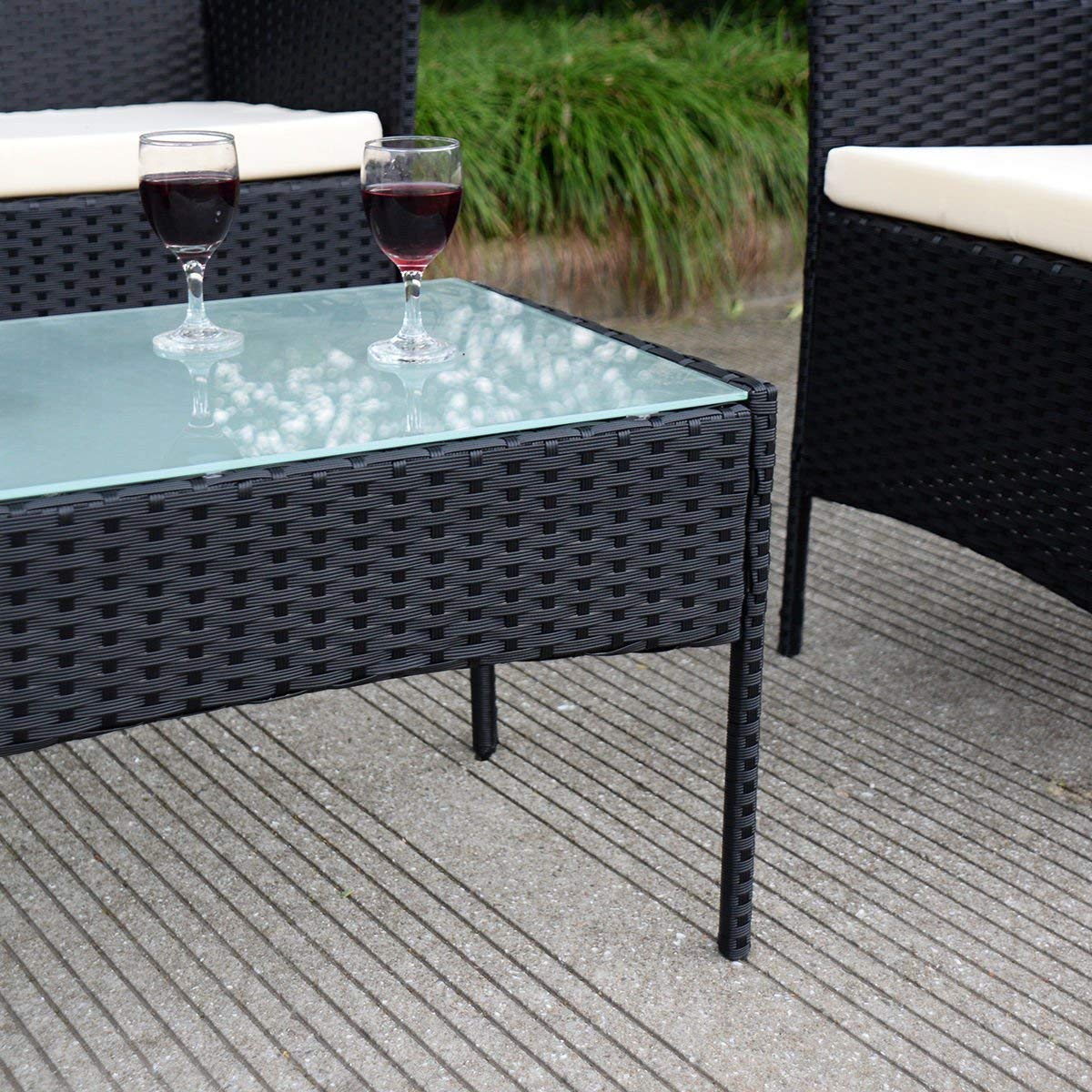 4-Piece Outdoor Rattan Furniture Set - Garden Patio Balcony Wicker Sofa & Chair Set with Removable Cushions & Coffee Table in Black - Perfect for Backyard, Poolside, and Terrace Relaxation