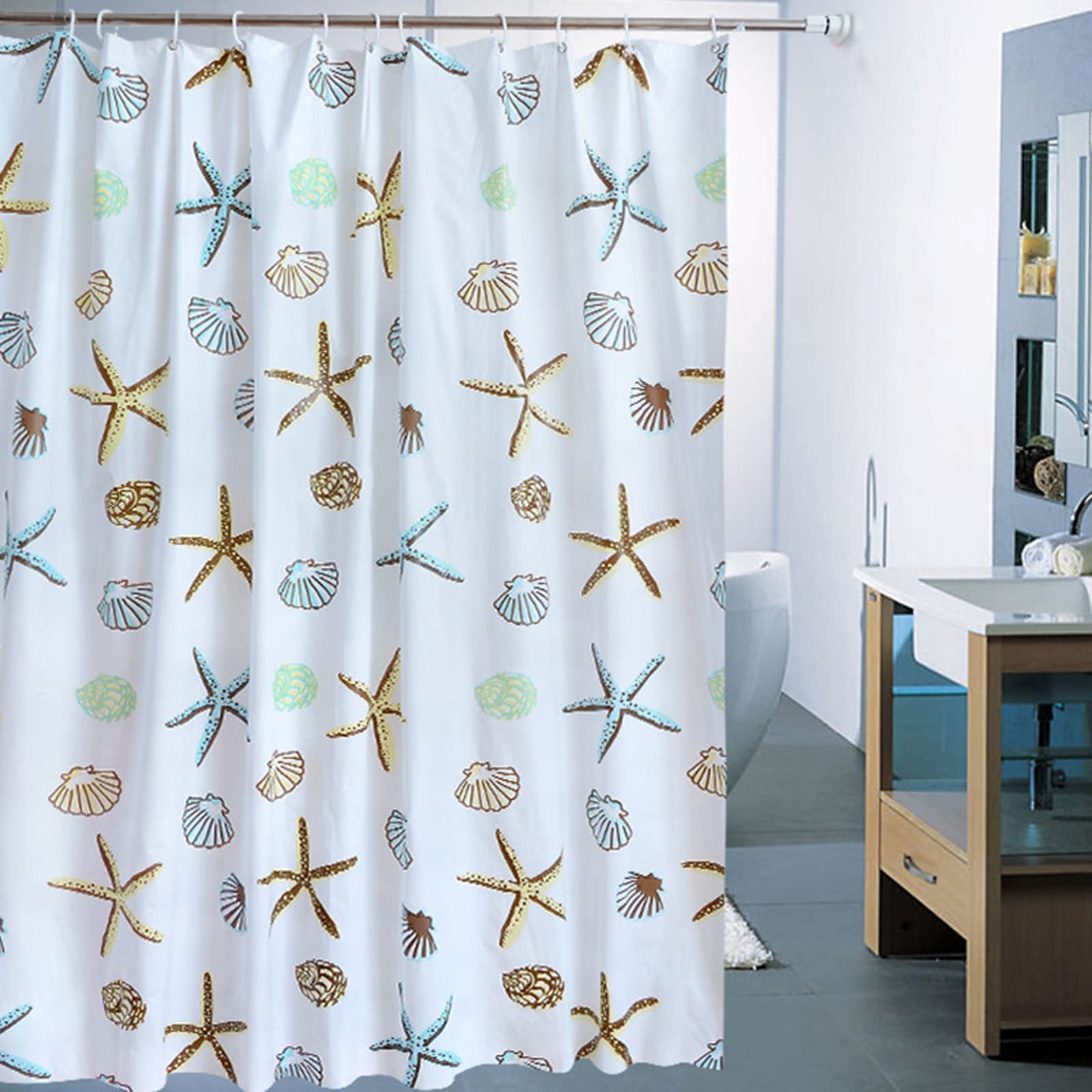 Ocean Theme Waterproof Beach Shower Curtain Set with Seashells & Starfish Design - 71x79 Inch Coastal Bathroom Decor for Bathrooms, Beach Houses & Vacation Rentals