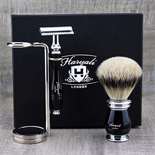 Premium 3-Piece Men's Shaving Kit with Silver Tip Badger Brush & Safety Razor - Luxury Wet Shaving Set for Sensitive Skin - Perfect Gift for Father's Day, Birthday & Grooming Enthusiasts (Blades Not Included) - Ideal for Home Spa, Travel & Barber Shop Use