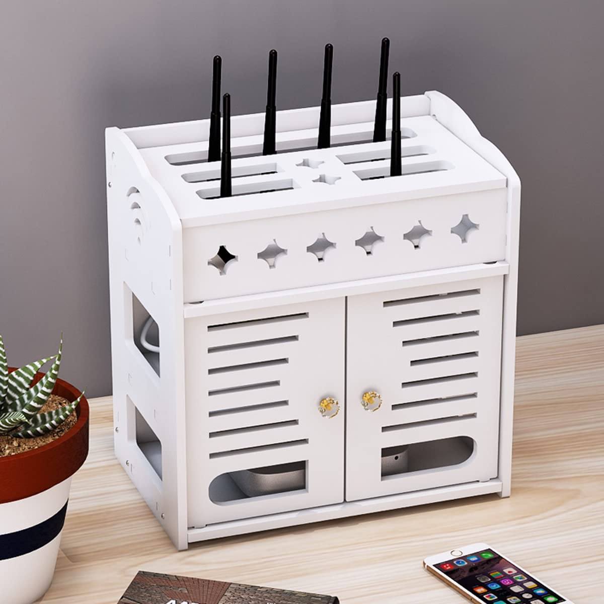 WiFi Router Wall Mount Storage Shelf - Wood & Plastic Cable Management Box for Set-Top Box, Modem & Decorative Display | Home Office & Entertainment Center Organization