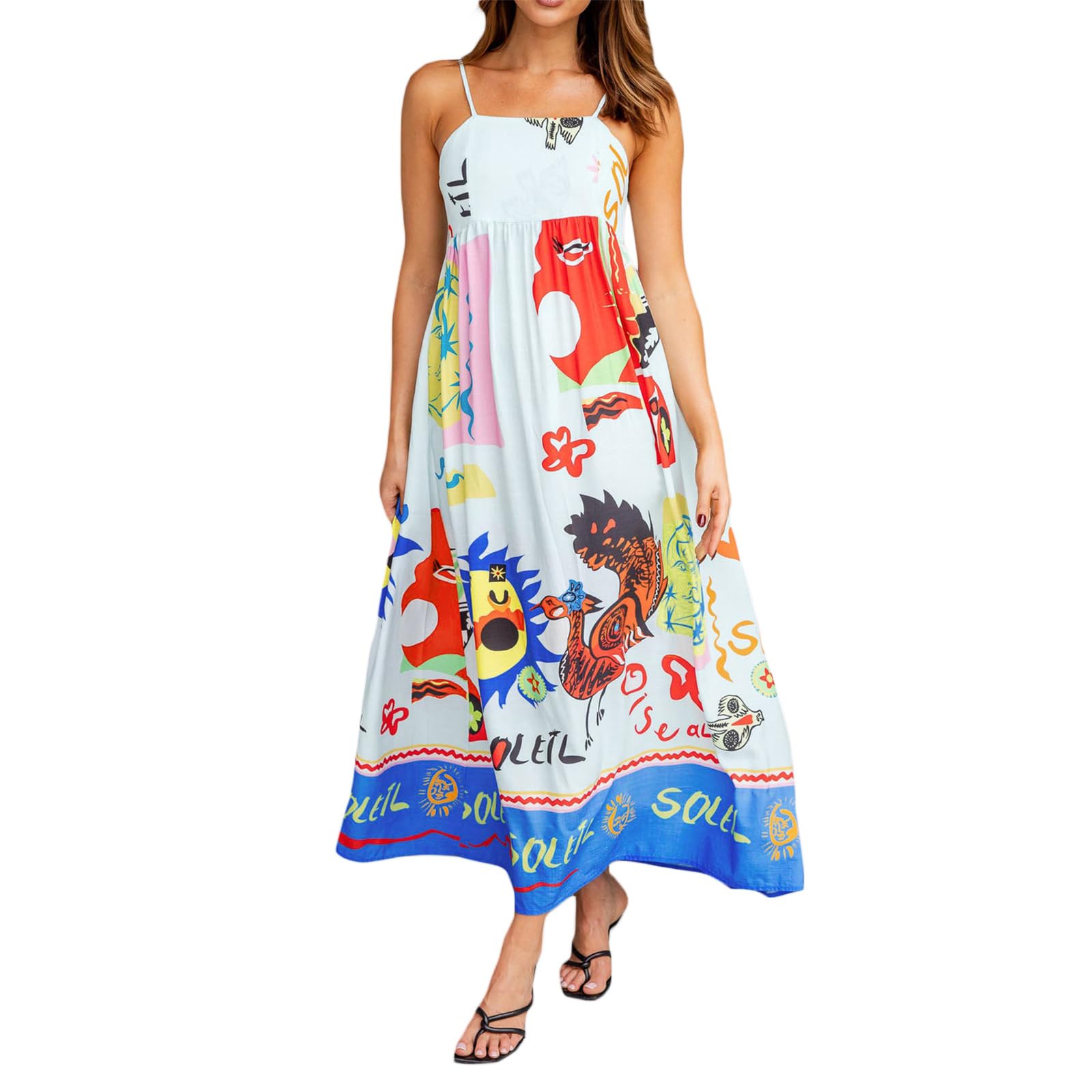Women's Floral Graffiti Graphic Spaghetti Strap Boho Maxi Dress - Y2K Style Flowy Beach Holiday Sun Dress for Summer Vacations, Music Festivals & Boho Chic Outfits
