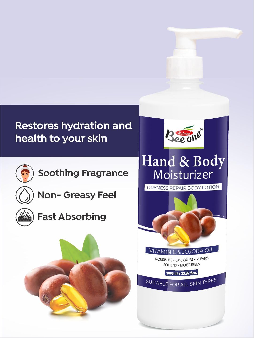 BEEONE Hand & Body Moisturizer Lotion - 1000ml (33.8oz) Ultra Hydrating Cream for Dry Skin - Perfect for Daily Use, After Shower & Winter Care