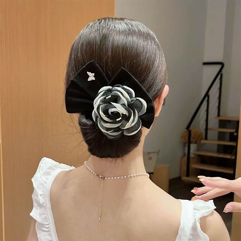 2PCS Flexible Hair Donut Makers for French Twist Hairstyles - Soft Cloth Flower Hair Styling Tools for Women & Girls (Black + Pink) - Perfect for Weddings, Parties & Everyday Elegant Looks