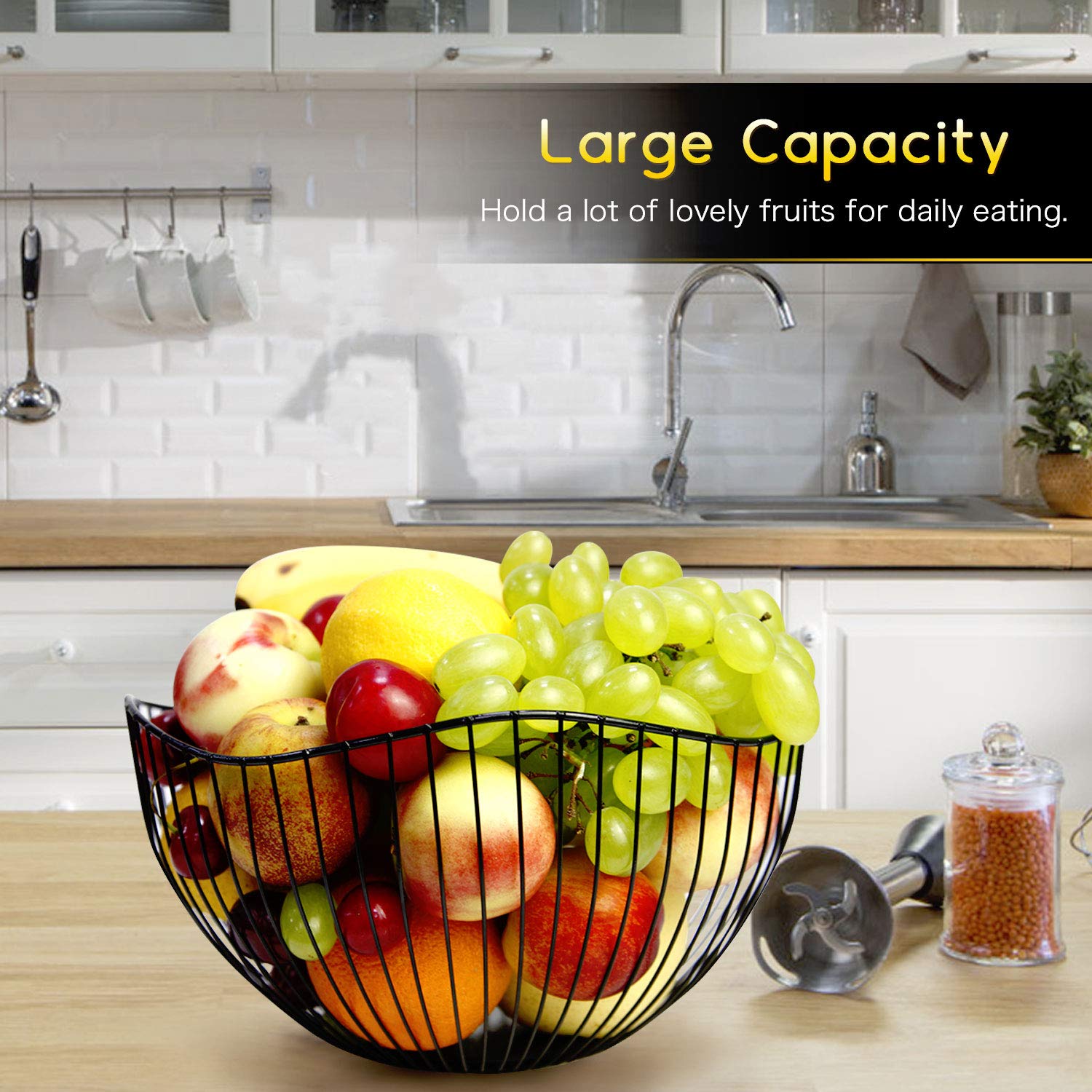 DMAR Wire Fruit Basket with Wave Design - Black Kitchen Counter Fruit Bowl for Fruits & Veggies | Perfect for Dining Table, Countertop & Pantry Organization