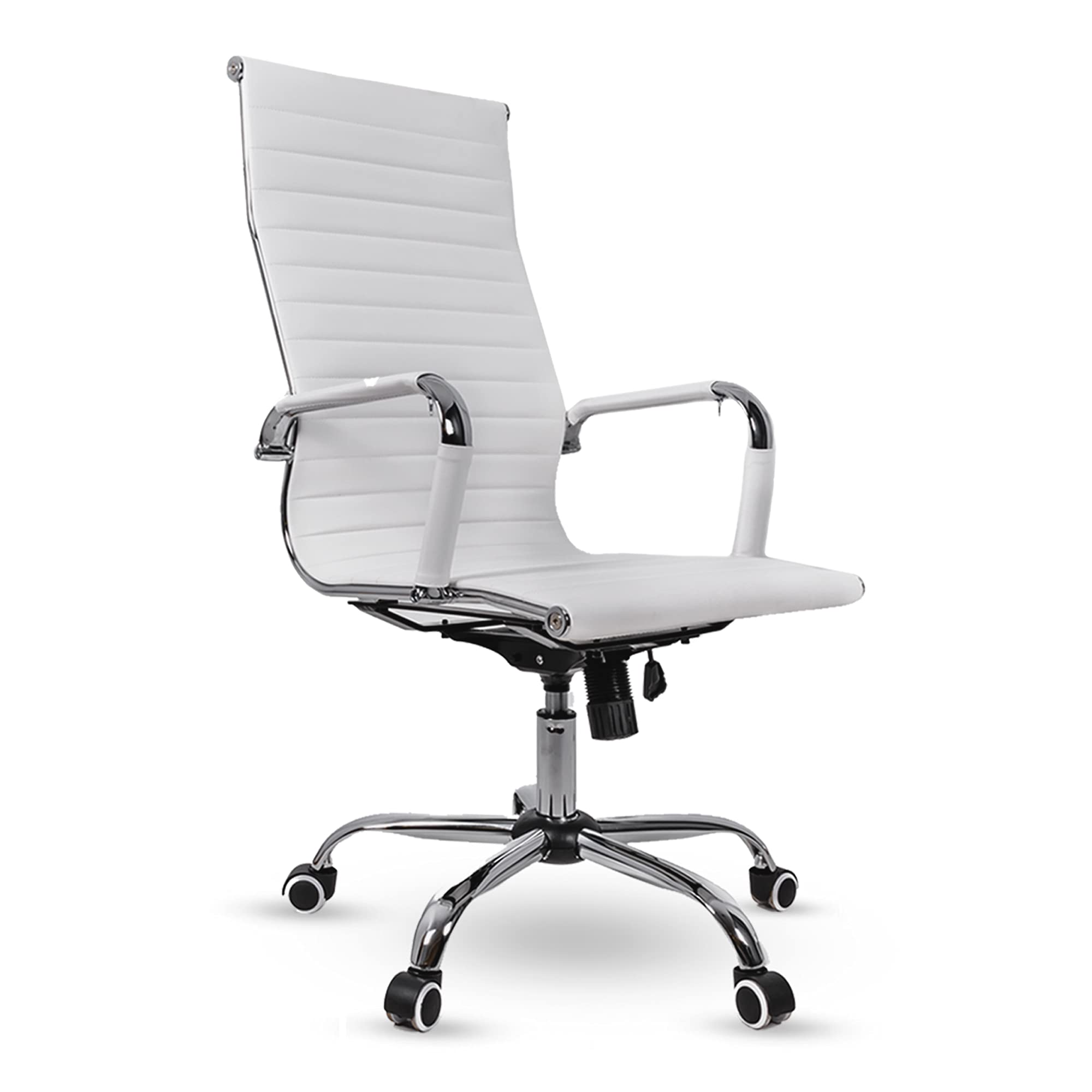 Premium US Office Elements High Back Ribbed PU Leather Executive Chair - Ergonomic Rolling Desk Chair with Adjustable Arms, Wheels & Swivel Tilt Mechanism - Comfortable Foam Padded Seat & Armrests for Home Office, Conference Rooms & Workspaces