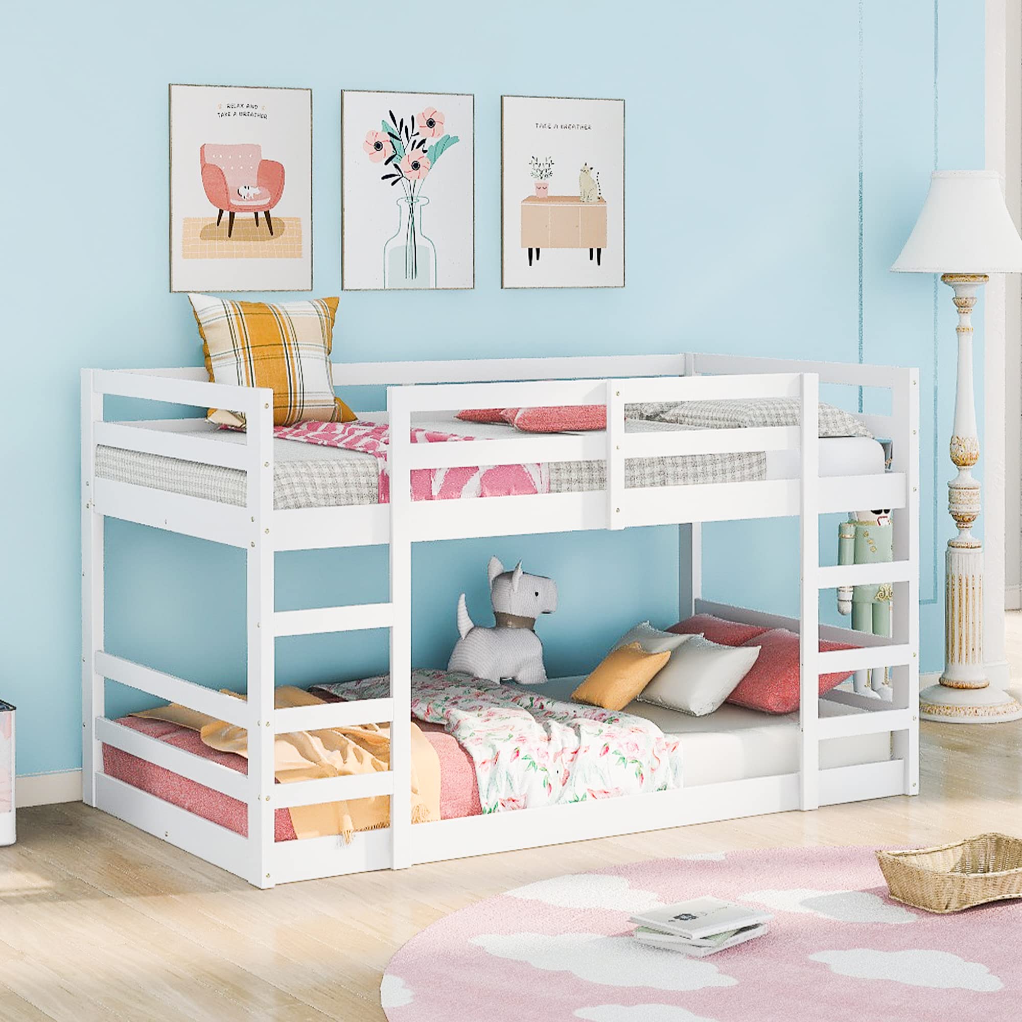 Harper & Bright Designs Twin Over Twin Bunk Bed with 2 Safety Ladders & Full Guardrail - Sturdy Kids & Teens Bedroom Furniture - No Box Spring Needed - White - Perfect for Small Spaces & Shared Rooms