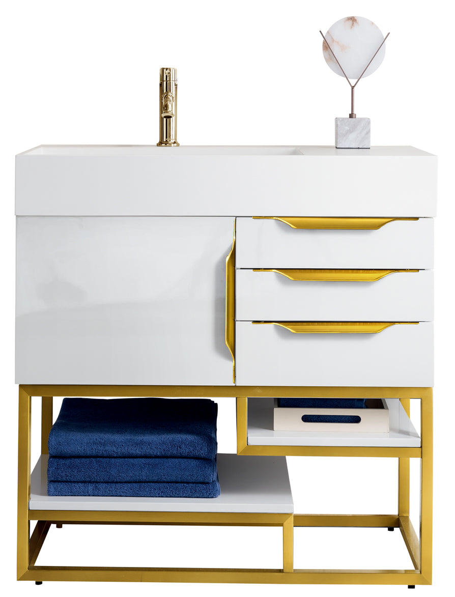 Columbia 36-Inch Single Bathroom Vanity in Glossy White with Radiant Gold Accents - Perfect for Modern Master Bathrooms & Guest Bathroom Remodels