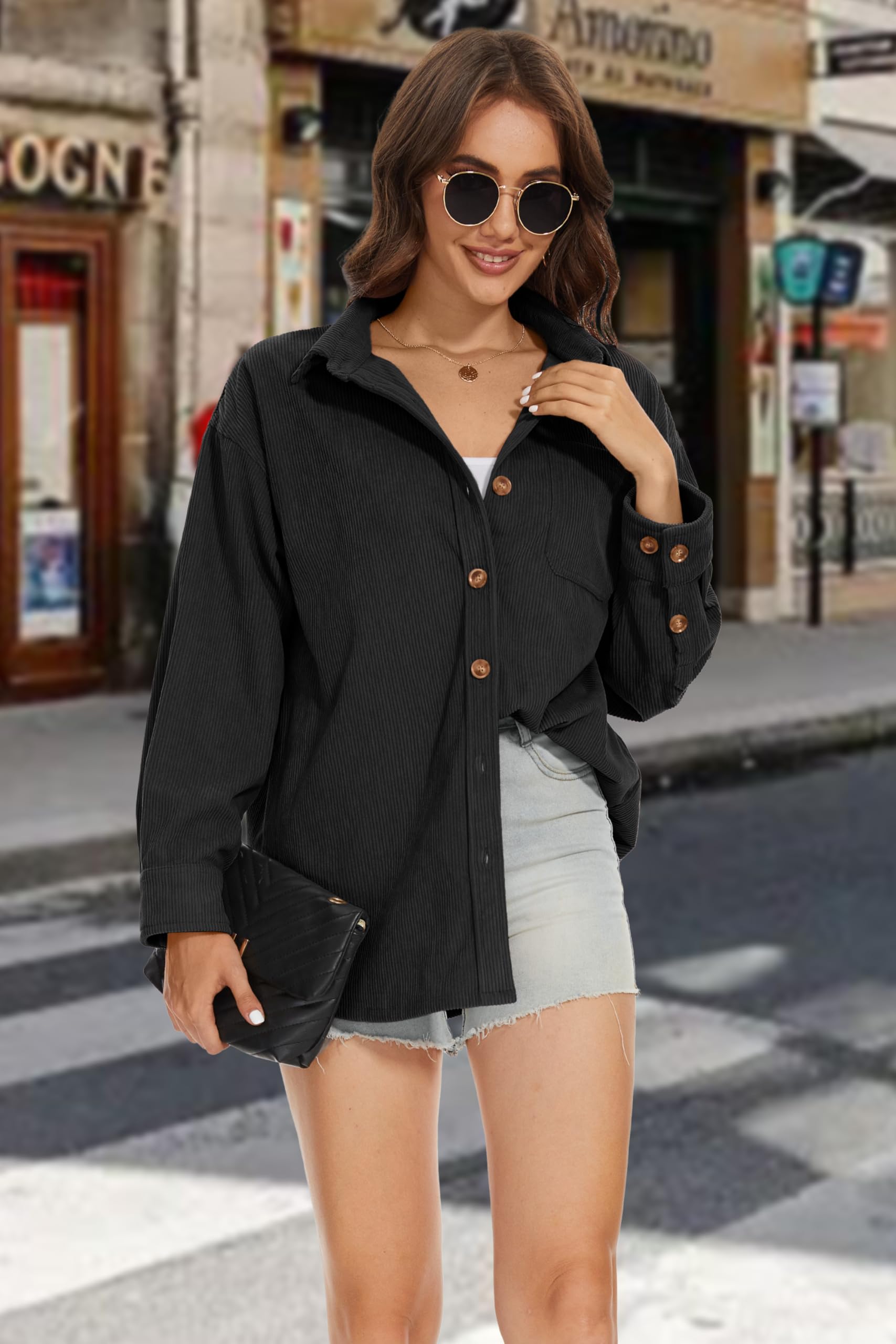 MAGCOMSEN Women's Corduroy Shacket - Long Sleeve Button Down Shirt Jacket with Bust Pocket, Loose Fit Casual Blouse for Spring | Perfect for Layering, Office Wear & Weekend Outfits