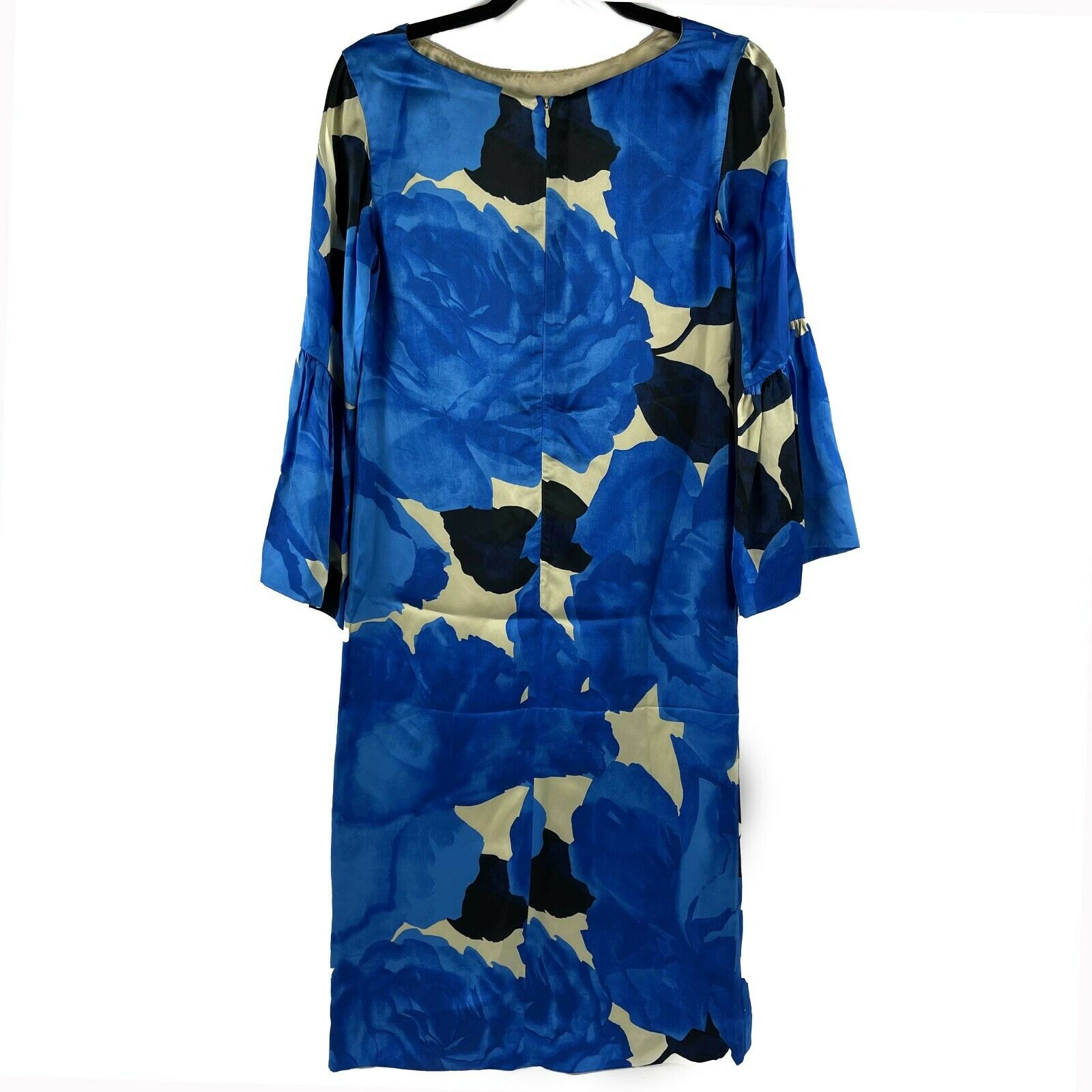 Dries Van Noten Blue Floral Satin Dress - Elegant Midi Dress in Blue, White & Black | Size IT34/US00 | Perfect for Weddings, Parties & Special Occasions