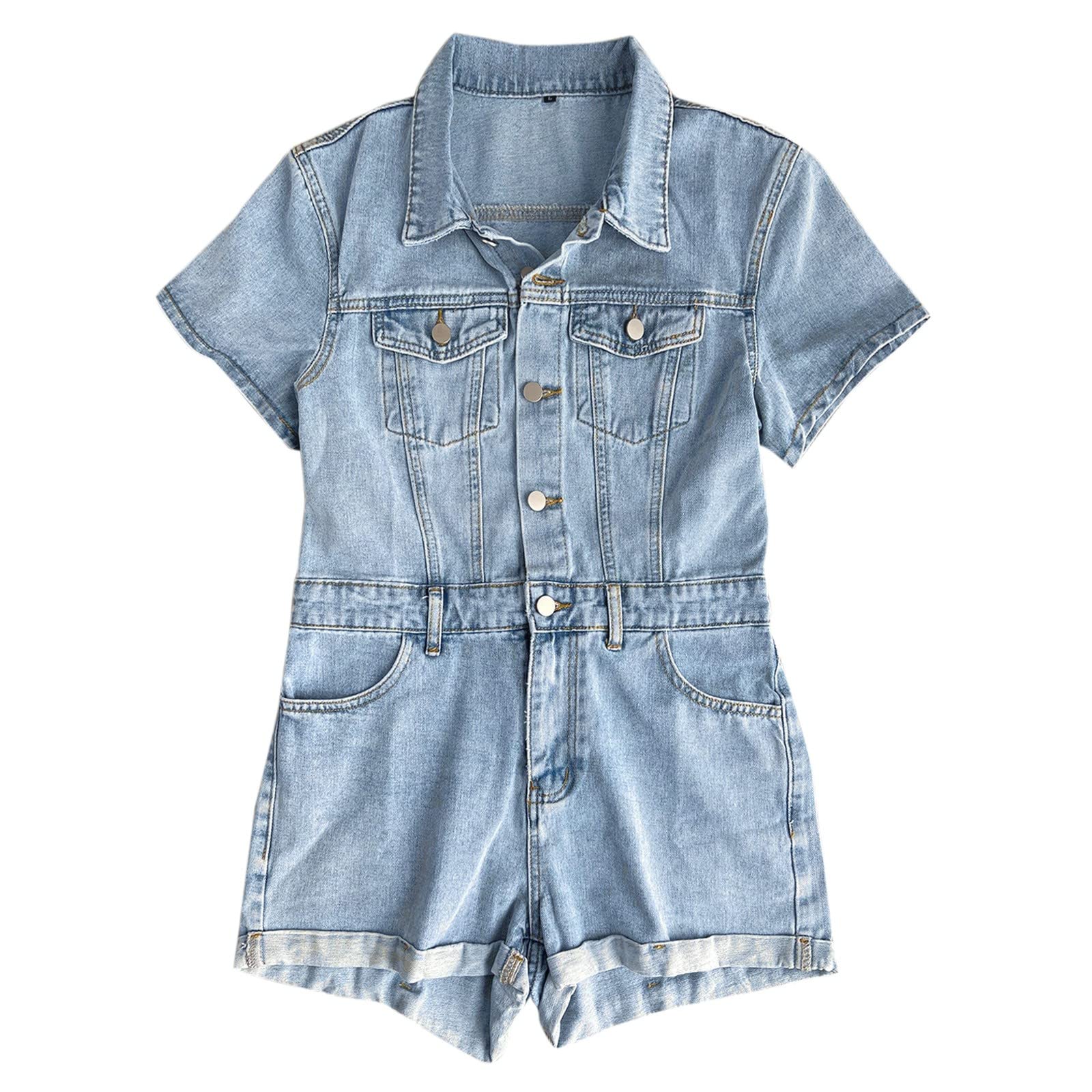 Women's Vintage Denim Jumpsuit with Zipper & Pockets - Casual Loose Fit Shorts Romper for Summer Outings, Beach Vacations, and Street Style Fashion