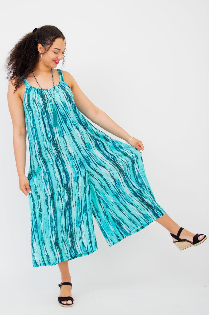 Joanna Jumpsuit - Teal Tie Dye Linen Bamboo Blend - Comfortable & Stylish Women's Romper for Summer Outfits, Beach Vacations & Casual Wear