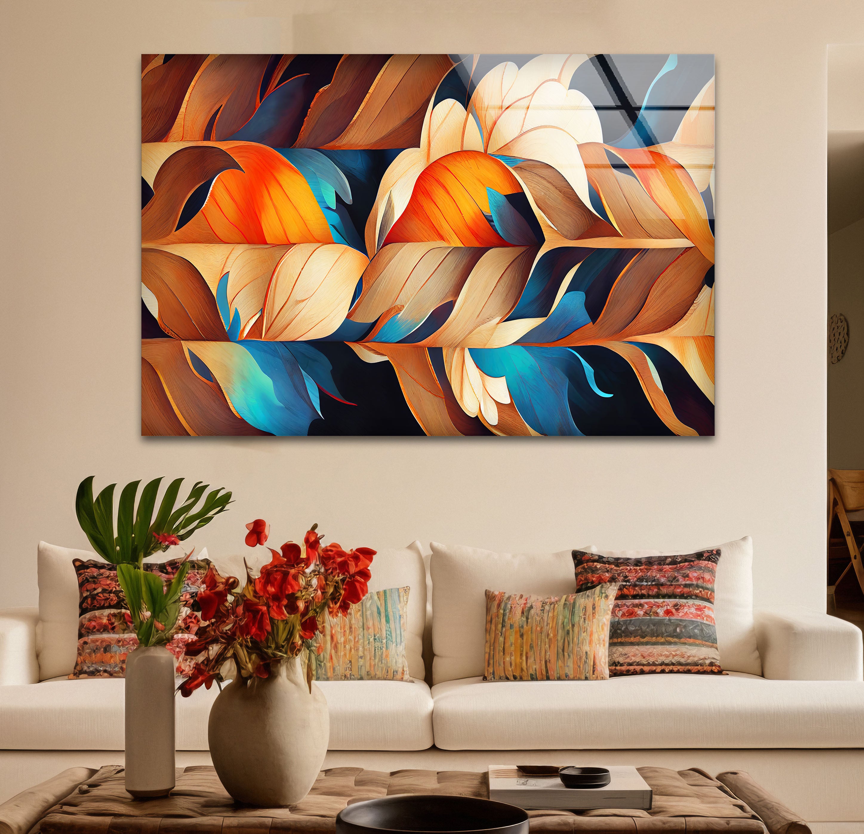 Abstract Feather Flow Glass Wall Art – Earthy Orange & Teal Nature Design Handmade Home Decor for Living Room, Bedroom & Office – Modern Nature-Inspired Wall Hangings