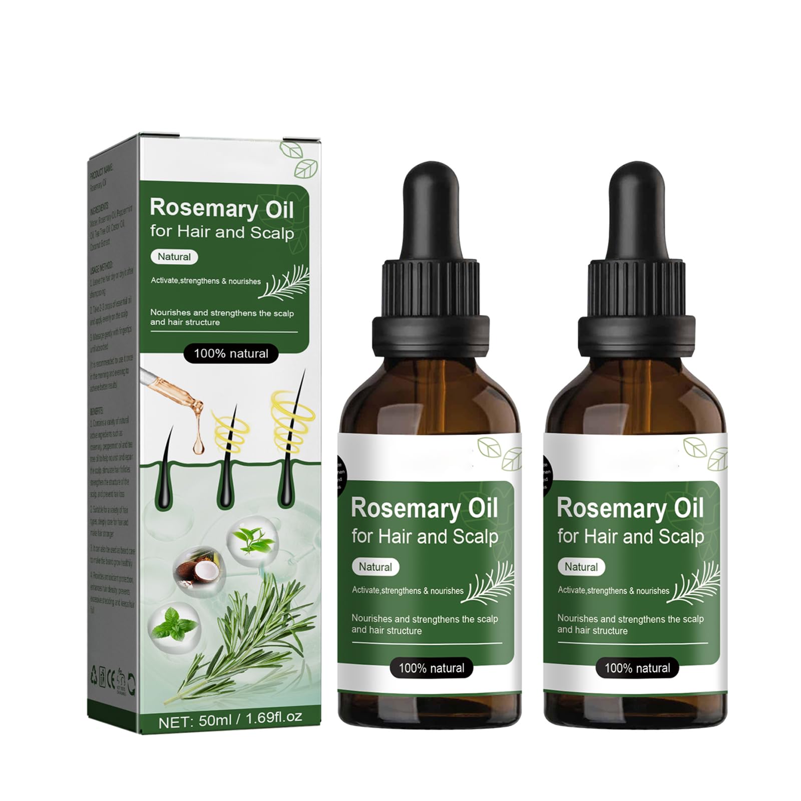 Organic Rosemary Oil for Hair Growth - Wild Growth Hair Oil Infused with Biotin & Castor Oil | Natural Hair Thickening Treatment for Women & Men | Mint Coconut Scented (2 Pack) | Perfect for Daily Scalp Massage & Damaged Hair Repair