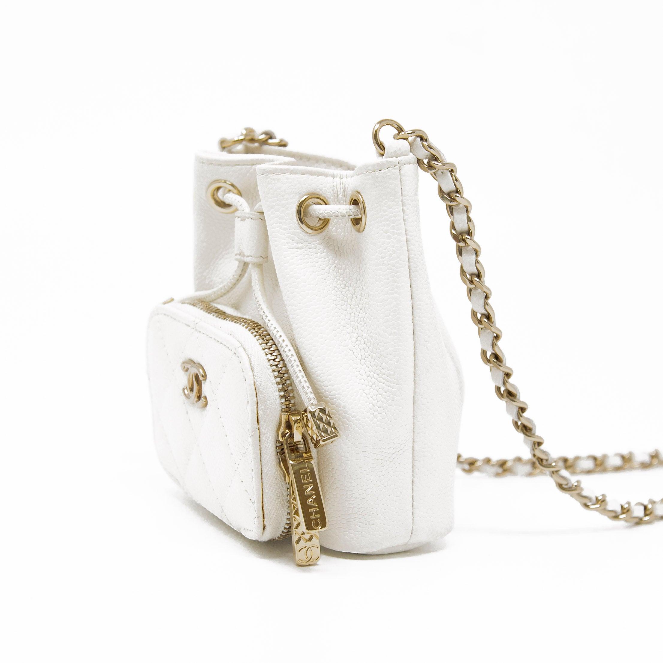 Chanel White Mini Pocket Bucket Bag - Luxury Crossbody Handbag for Women | Perfect for Date Night, Shopping & Travel