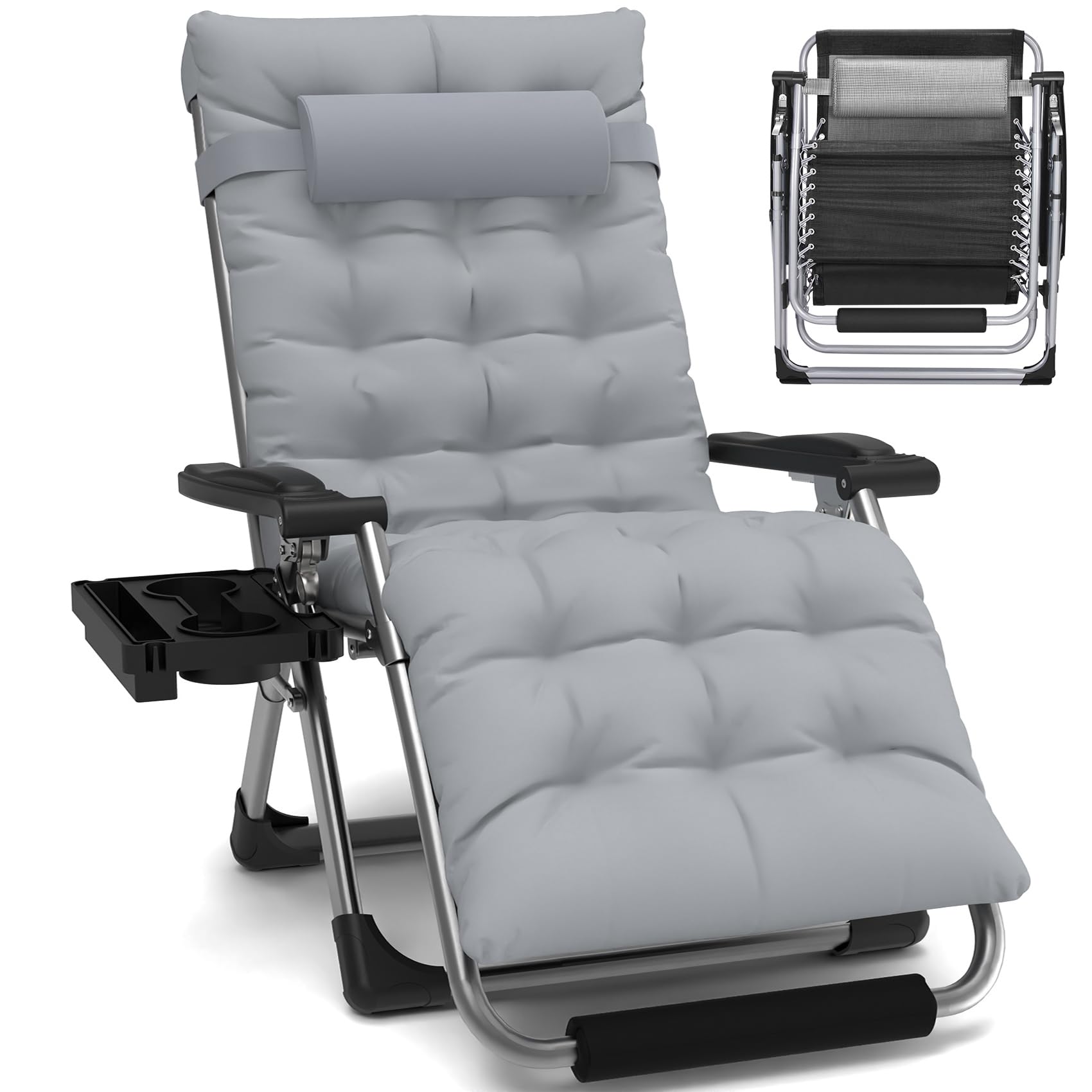 Premium Oversized Zero Gravity Chair XL - Heavy Duty Padded Anti Gravity Lounge Chair with Aluminum Alloy Lock, Headrest & Cup Holder - 440lbs Weight Capacity - Perfect for Patio, Poolside, Backyard & Camping Relaxation (Gray)