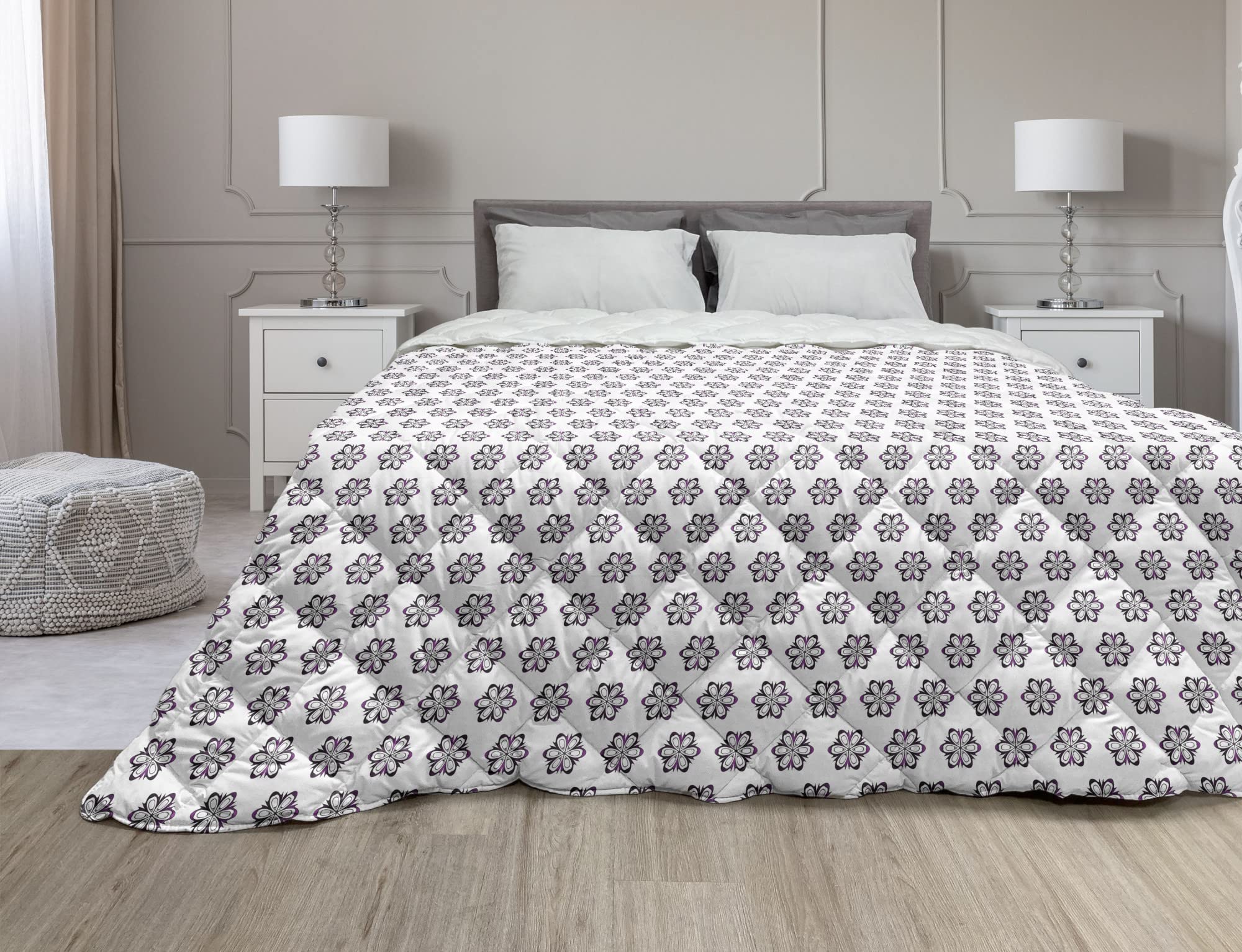 Ambesonne Floral Down Alternative Comforter - Queen Size All Season Microfiber Quilt with Repeated Flower Pattern on Plain White & Dark Purple Background | Perfect for Bedroom Decor, Guest Room, and Cozy Home Styling