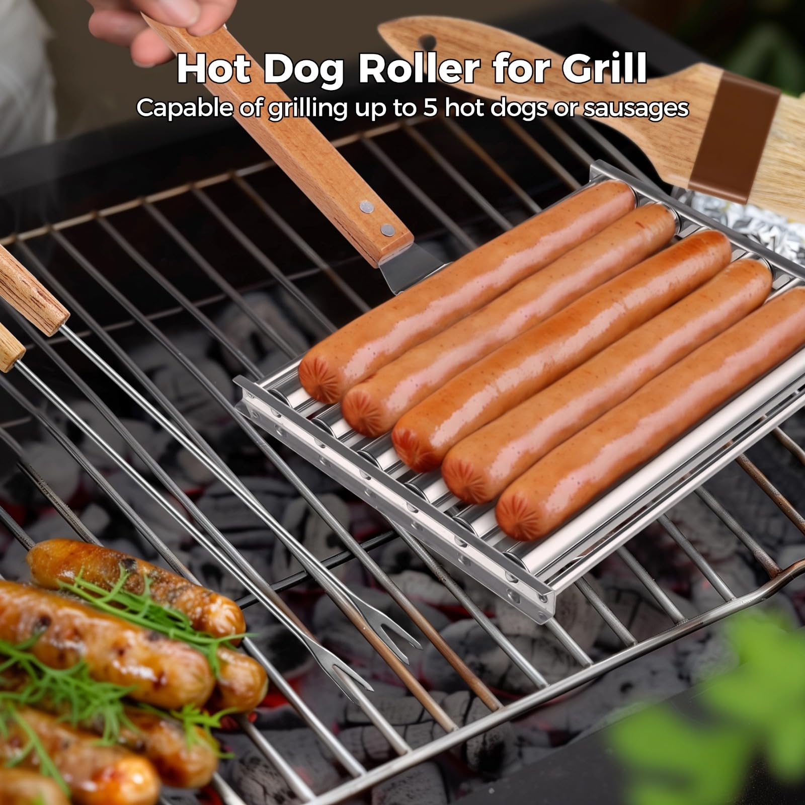 2PCS Stainless Steel Hot Dog Roller Grill with 6PCS BBQ Skewers & Sauce Brush - 9.4 x 7.1 Inch BBQ Sausage Roller Rack with Wood Handle, Perfect for Backyard Grilling, Camping, and Outdoor Barbecue Parties