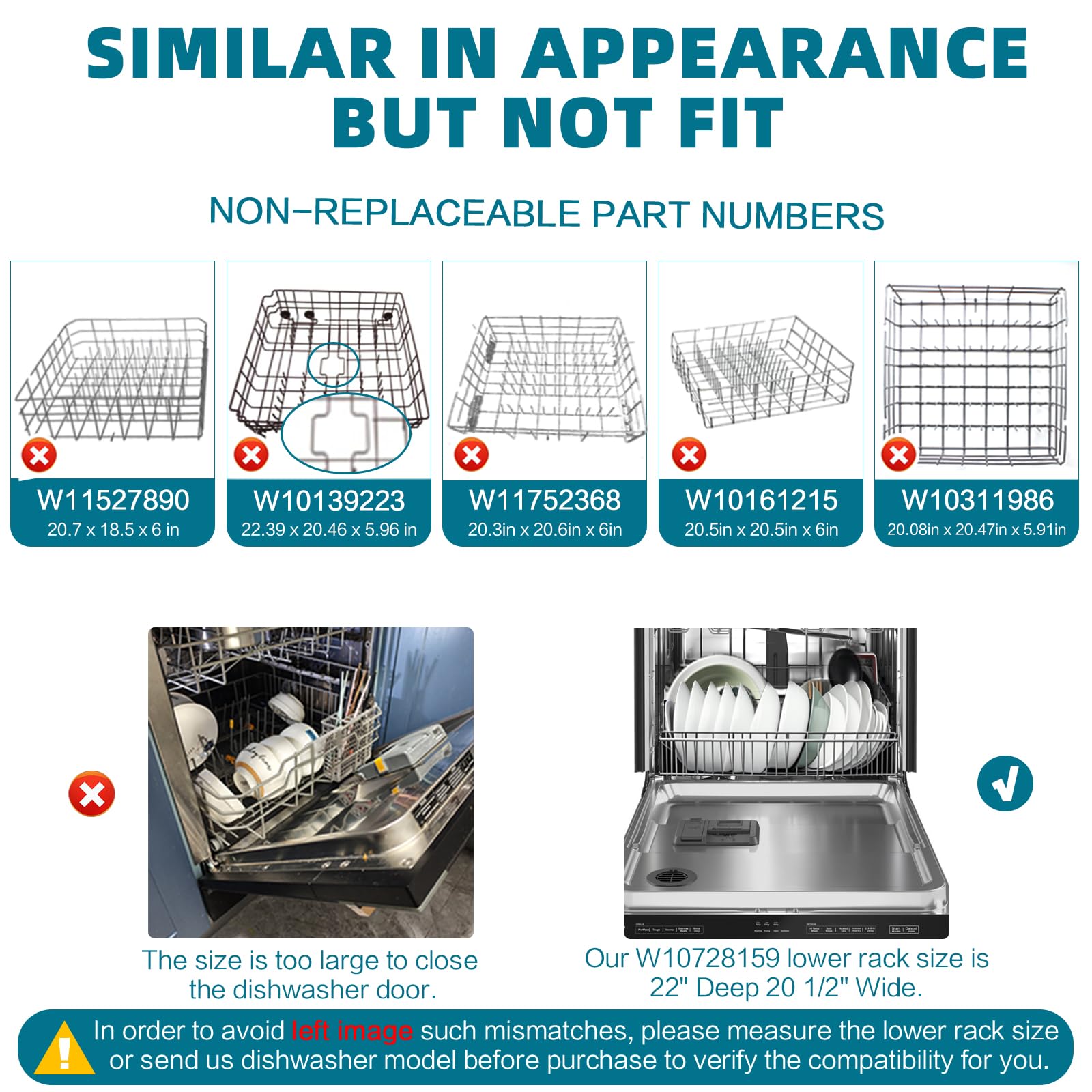 Upgraded W10728159 OEM Dishwasher Lower Rack Compatible with Kitchenaid, Maytag W10525646 W10780925 - 22in Wide 20.5in Deep Replacement Part - Perfect for Kitchen Appliance Repair & Dishwasher Maintenance