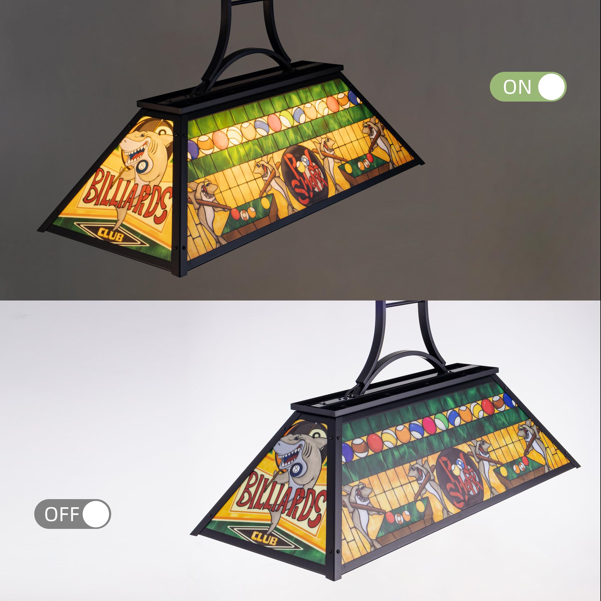 Vintage Pool Table Light Fixture - 3-Light Rustic Billiards Chandelier with Tiffany-Style Shark Shade - Perfect for Game Room, Man Cave, Club Bar, Farmhouse Dining Room & Kitchen Island Lighting