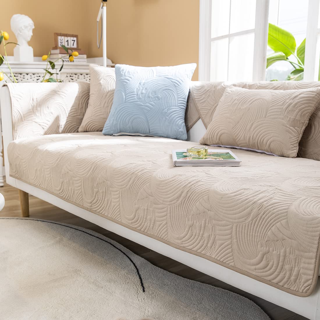 VCTOPS Quilted Cotton Sofa Cover for Sectional, Couch & Recliner - Non-Slip Pet-Friendly Slipcover with Armrest & Backrest Protection (Khaki, 28