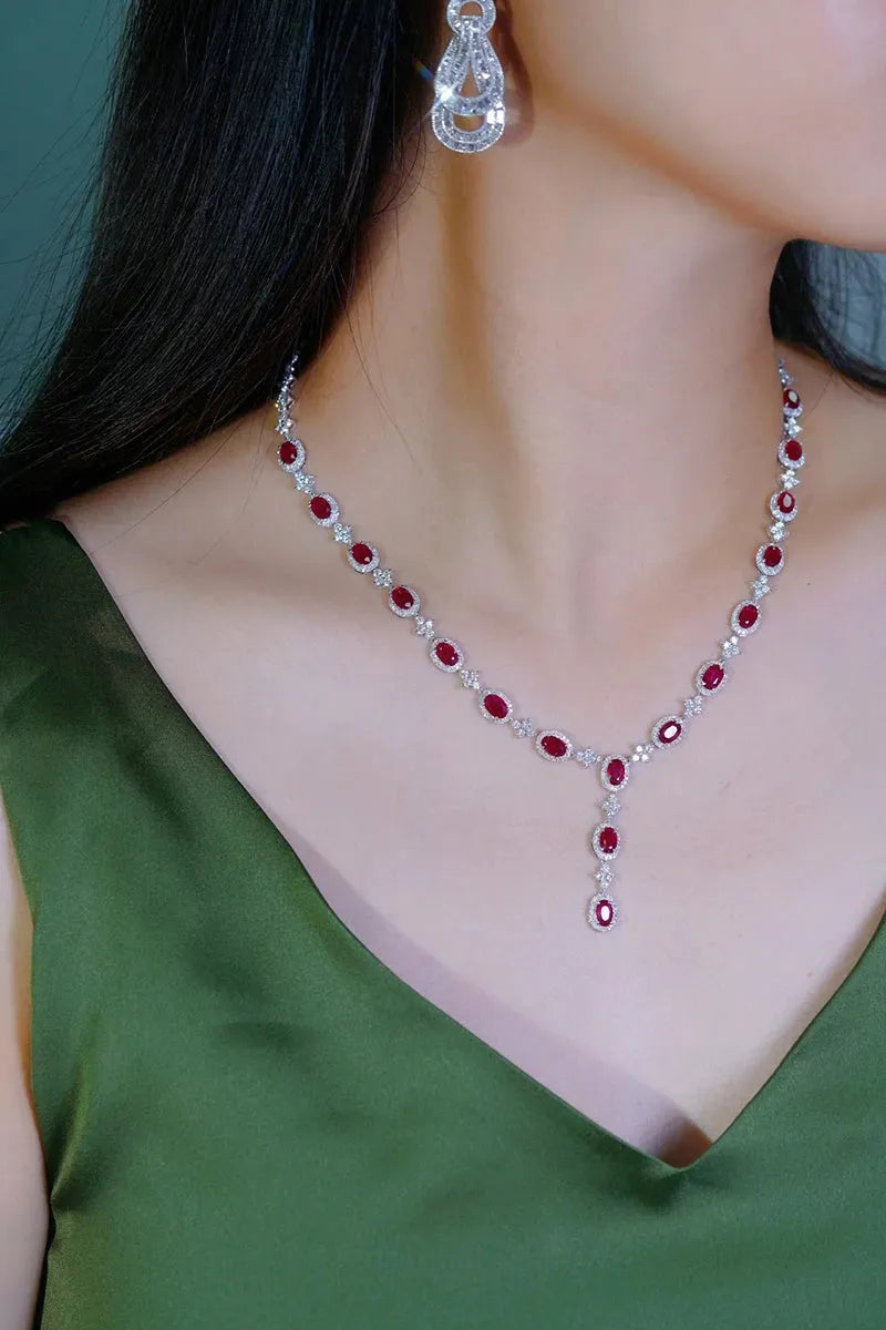 18K White Gold Diamond and Ruby Necklace for Women - Luxury Shiny Design with Natural Stones - Perfect for Parties, Weddings & Special Occasions