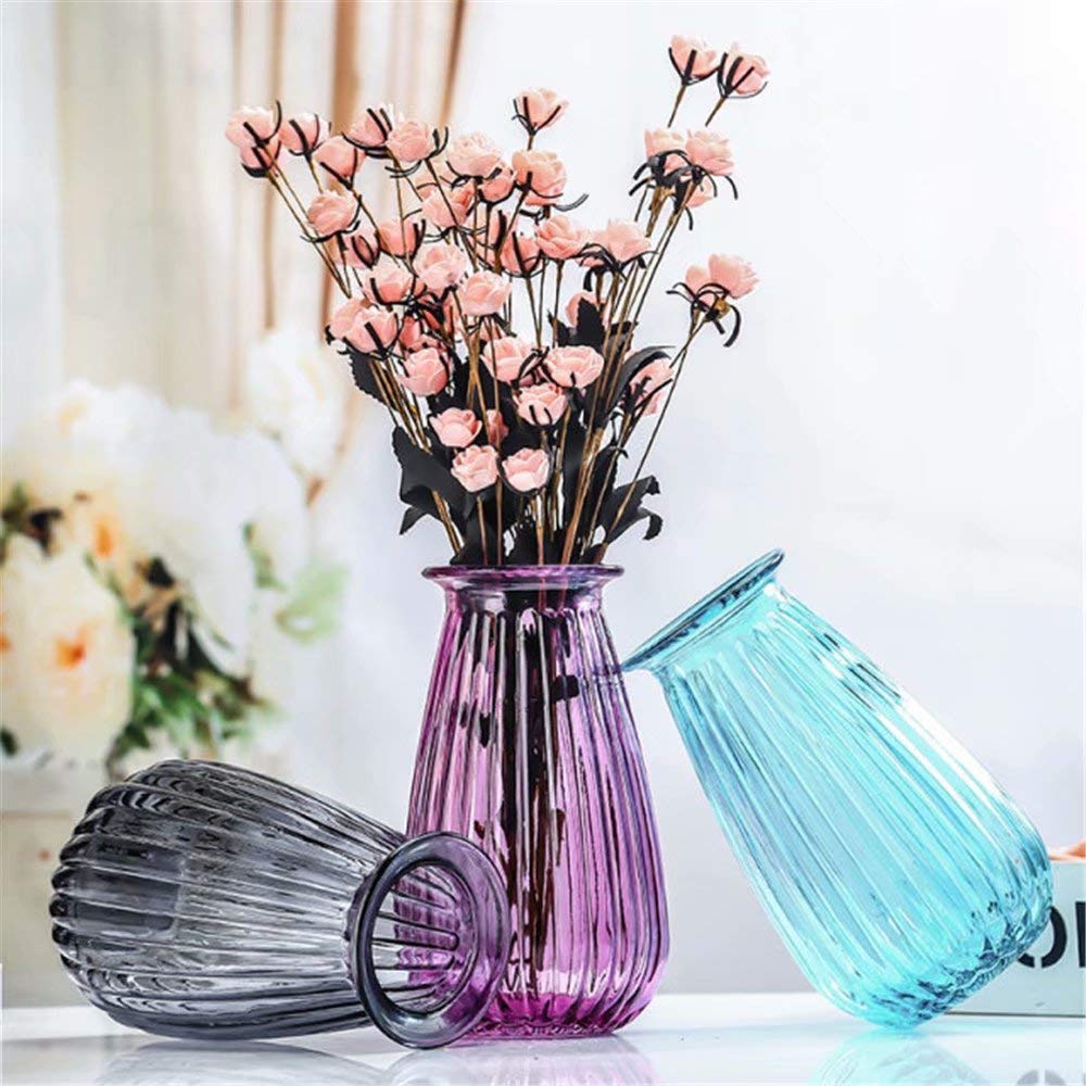 3.5 Inch Wide Modern Angled Stoneware Vase - Purple Transparent Glass Flower Pot with Grooved Design, Large Rose Vase for Home Decor, Wedding Centerpiece & Floral Arrangements