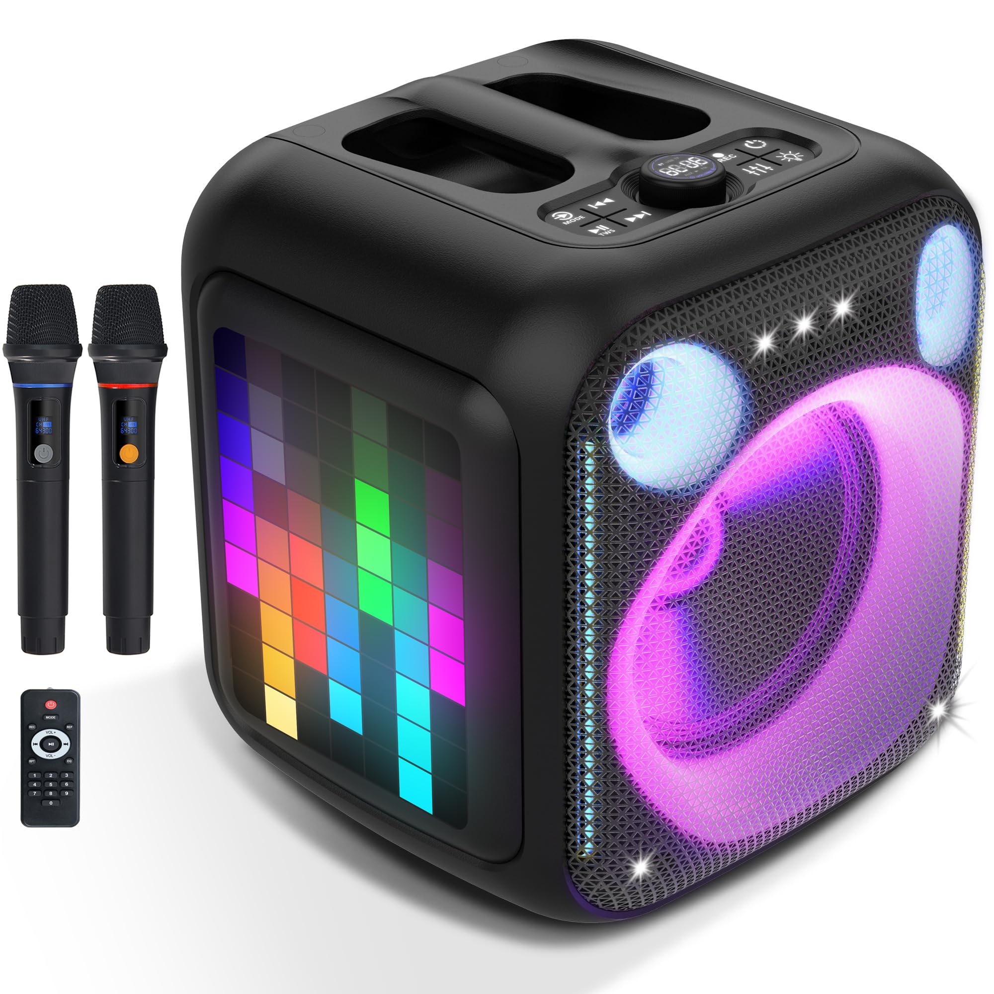 Pixel Box Karaoke Machine with 2 UHF Wireless Mics - 180W Portable Bluetooth Speaker with Powerful Bass, Dynamic LED Lights, TWS/AUX/USB/TF - Perfect for Outdoor Parties, Home Karaoke & Events